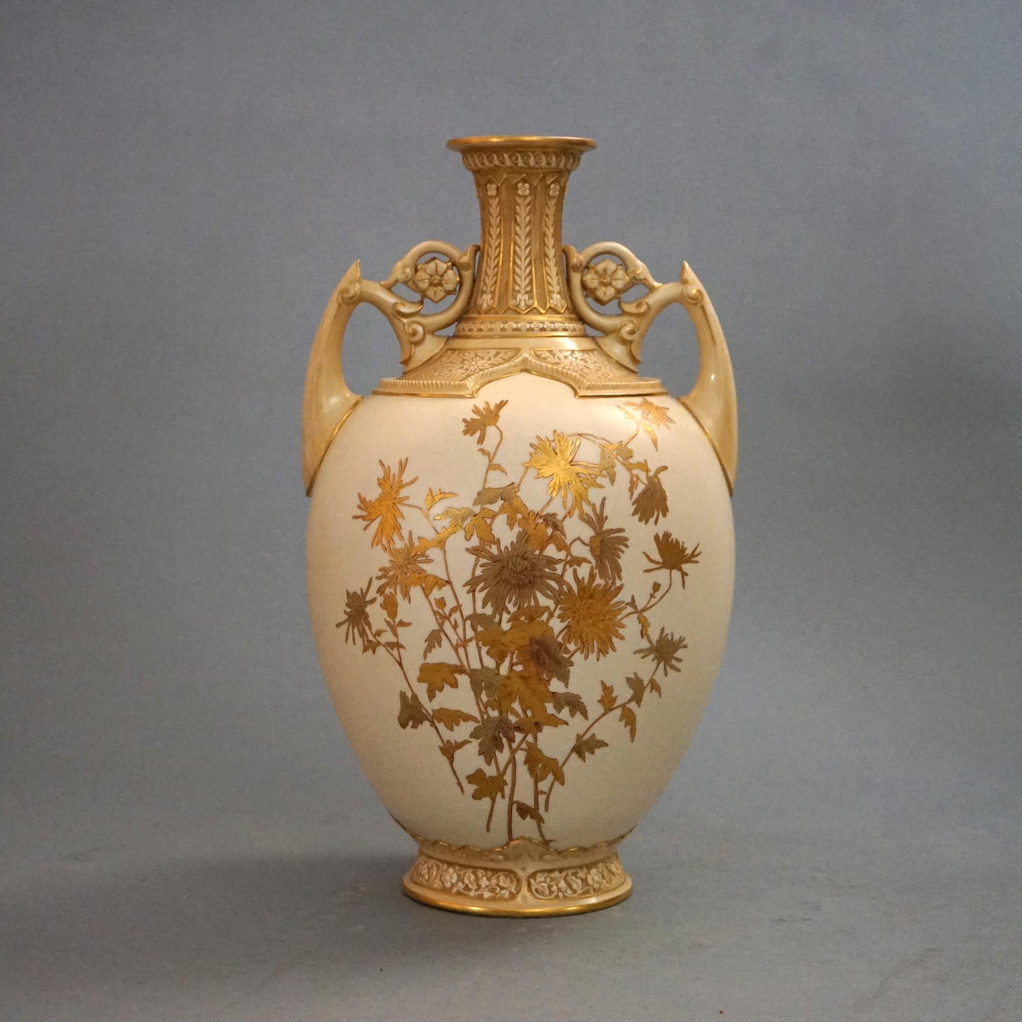 Vase ancien Royal Worcester peint et doré à la main à motifs floraux, vers 1890 en vente 6