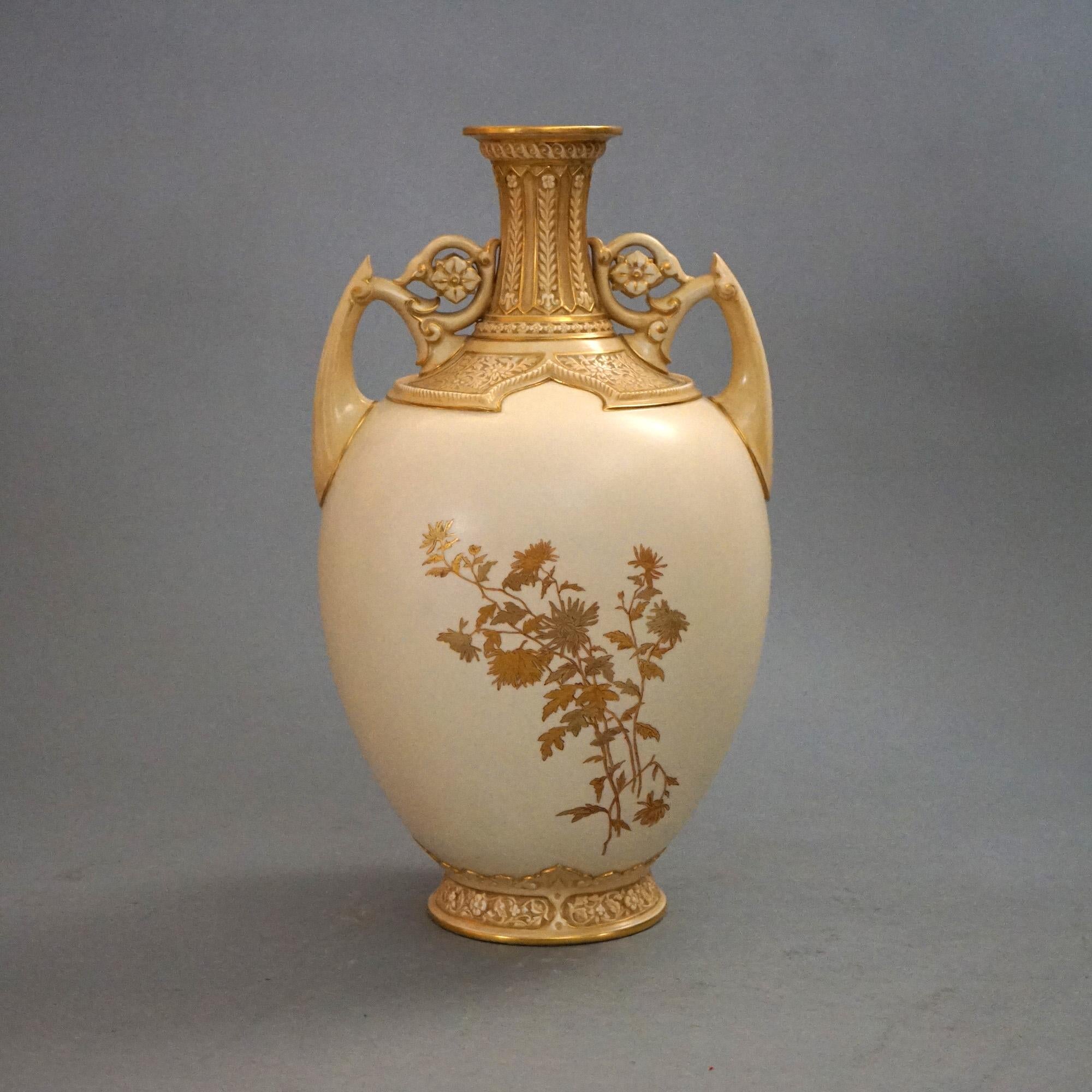 Vase ancien Royal Worcester peint et doré à la main à motifs floraux, vers 1890 en vente 8