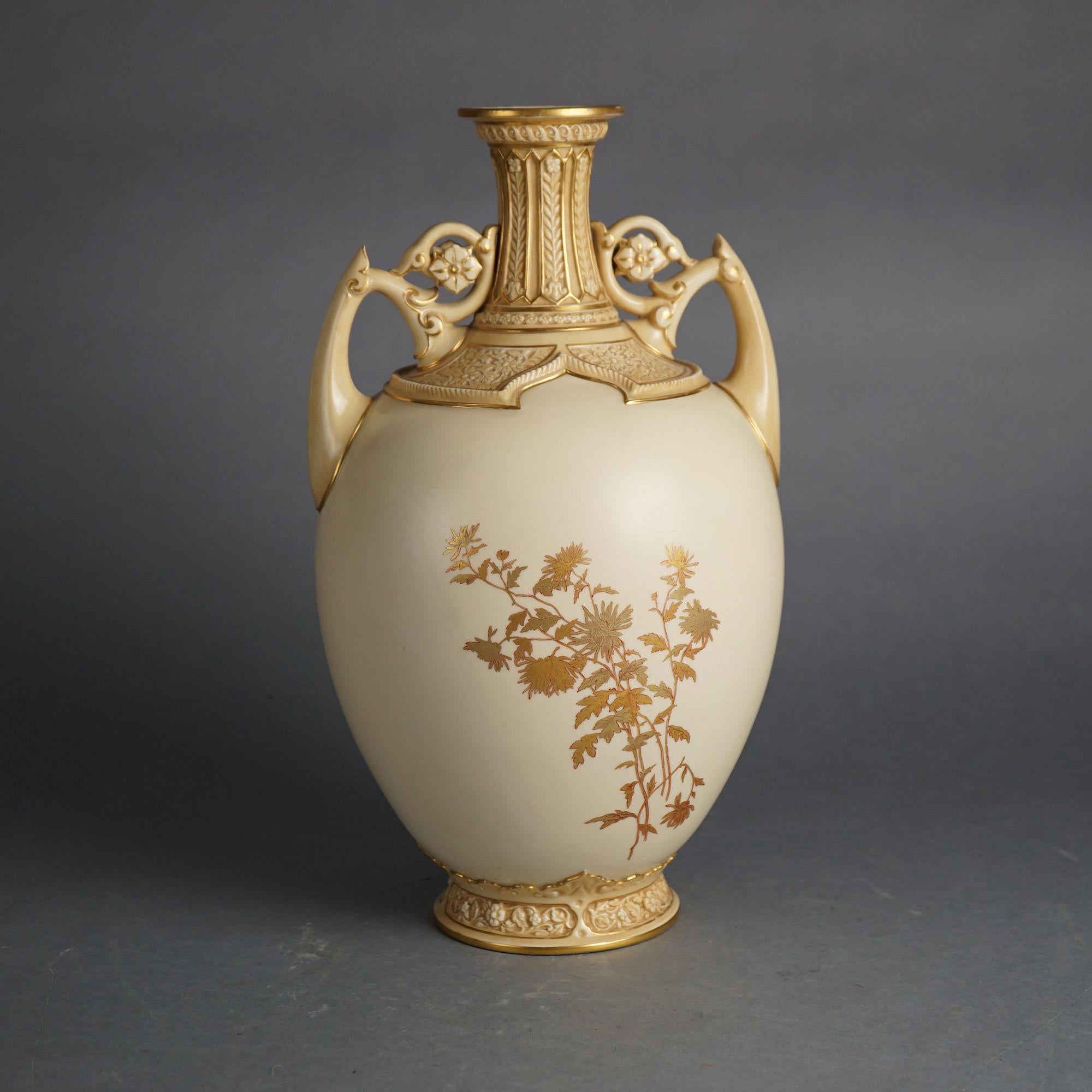 Vase ancien Royal Worcester peint et doré à la main à motifs floraux, vers 1890 en vente 2