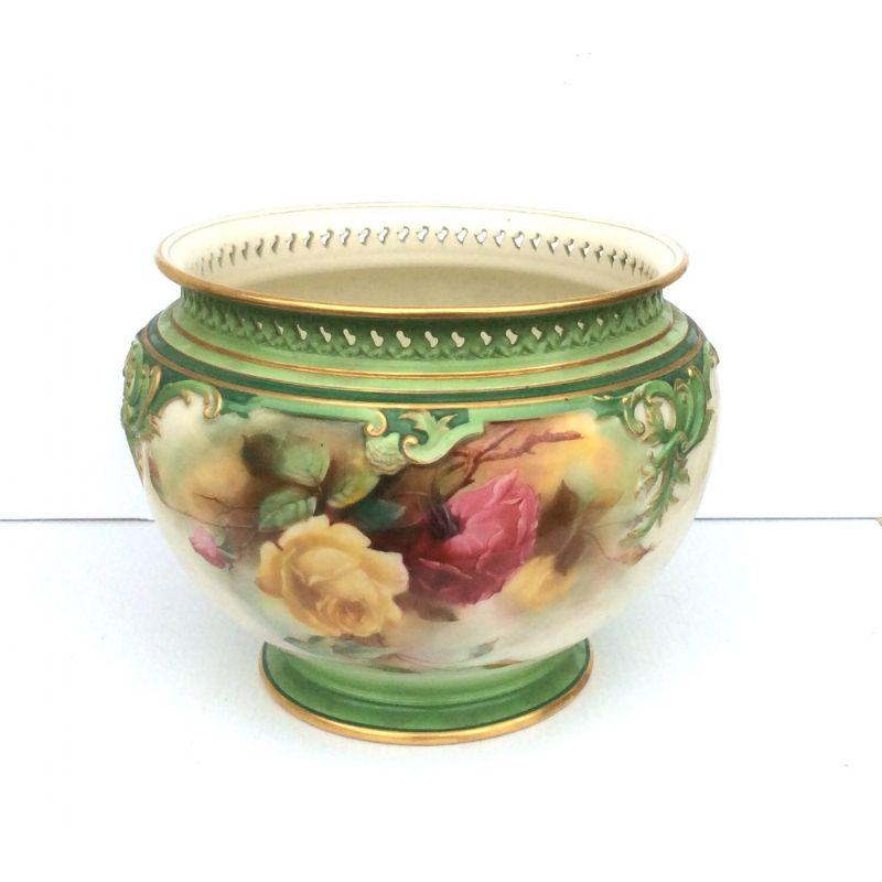 English Antique Royal Worcester Hand Painted Roses Jardiniere For Sale