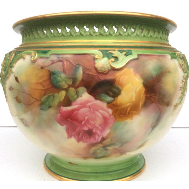 Early 20th Century Antique Royal Worcester Hand Painted Roses Jardiniere For Sale
