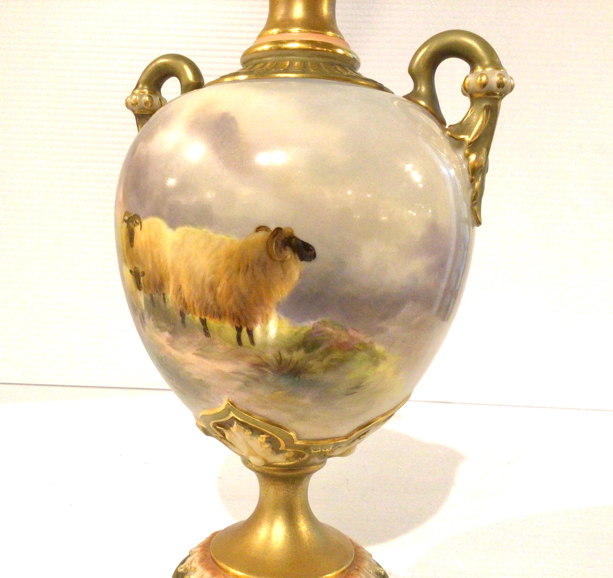Greco Roman Antique Royal Worcester Harry Davis Sheep Vase