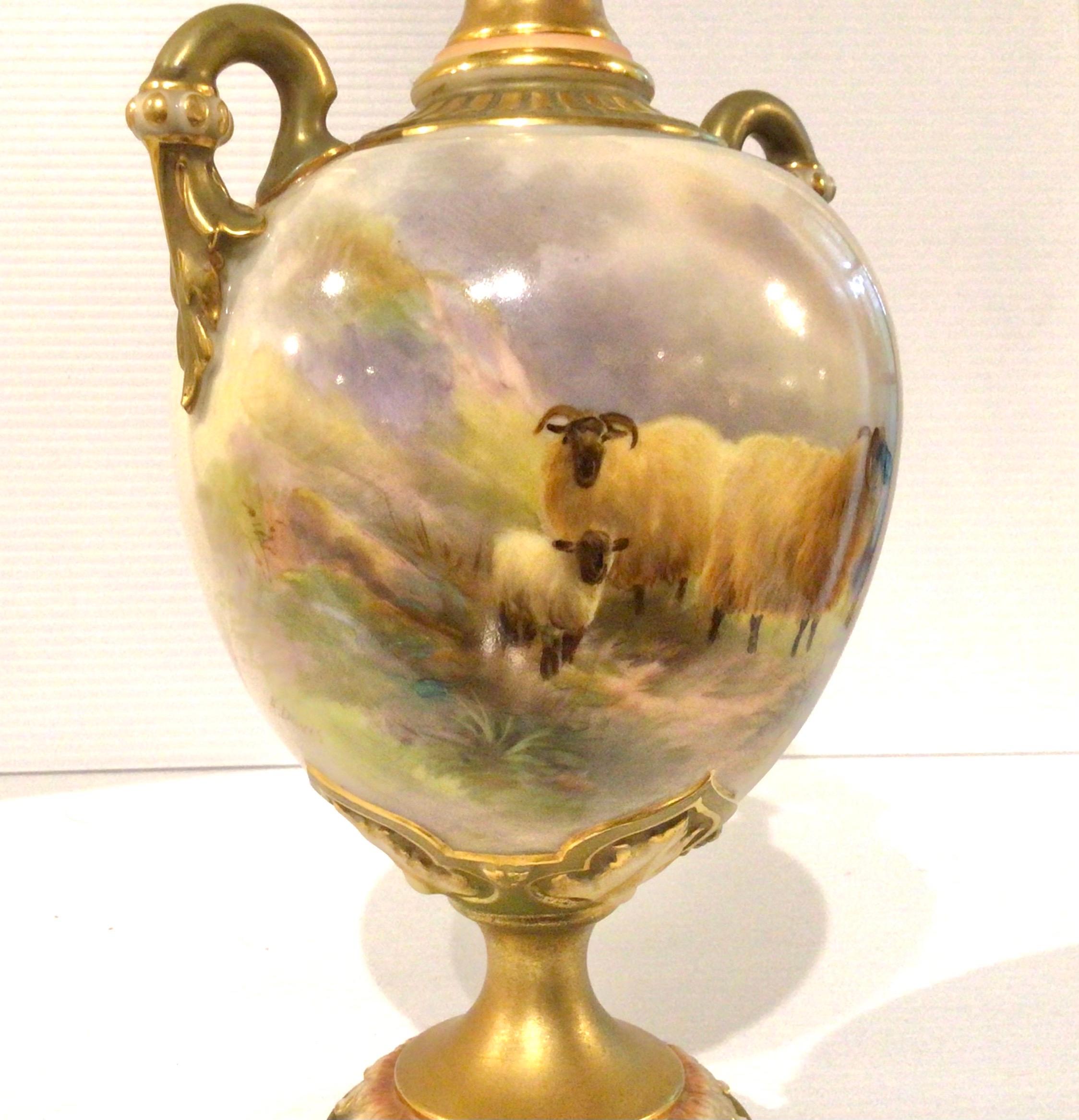 European Antique Royal Worcester Harry Davis Sheep Vase