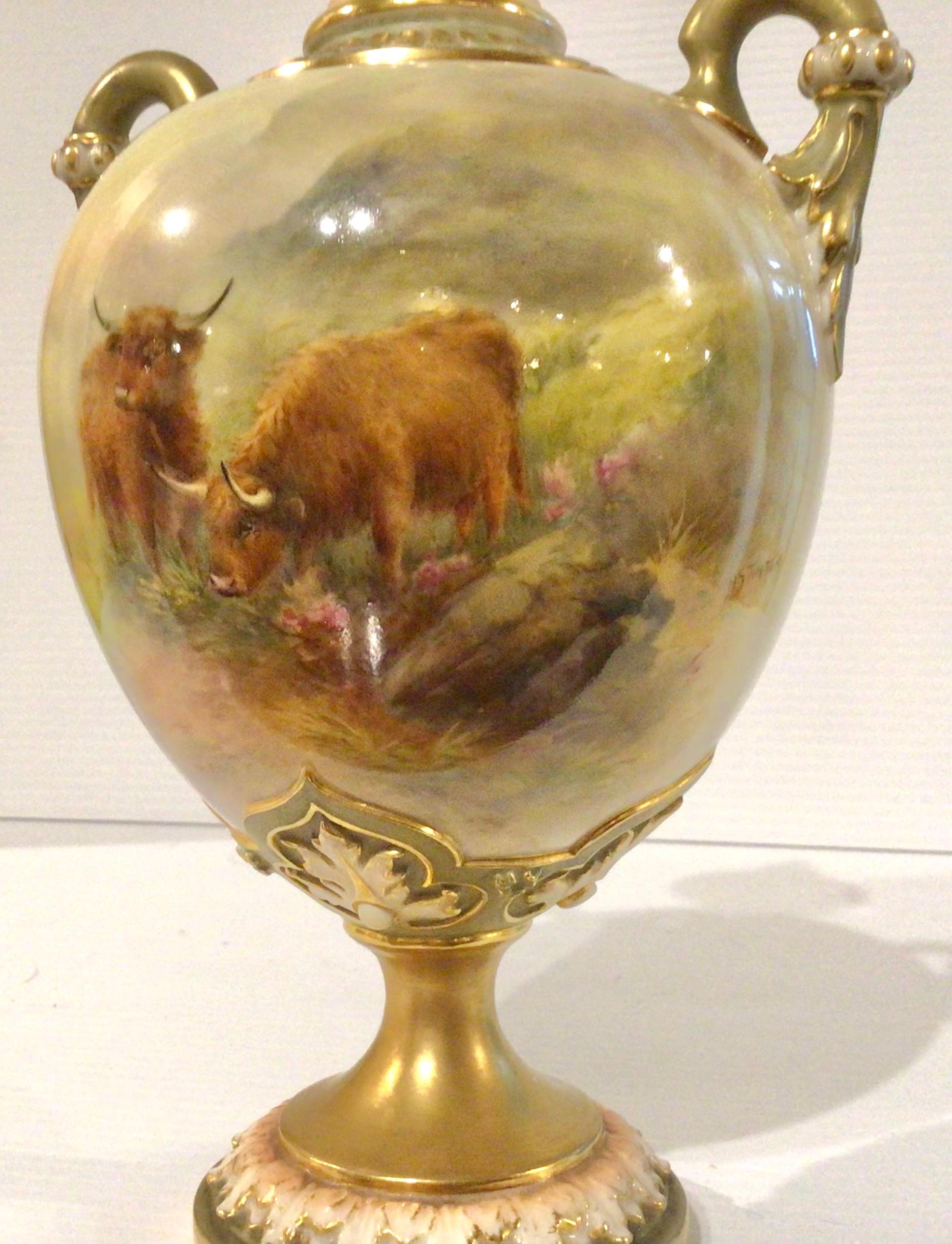 Ceramic Antique Royal Worcester Harry Stinton Highland Cattle Vase