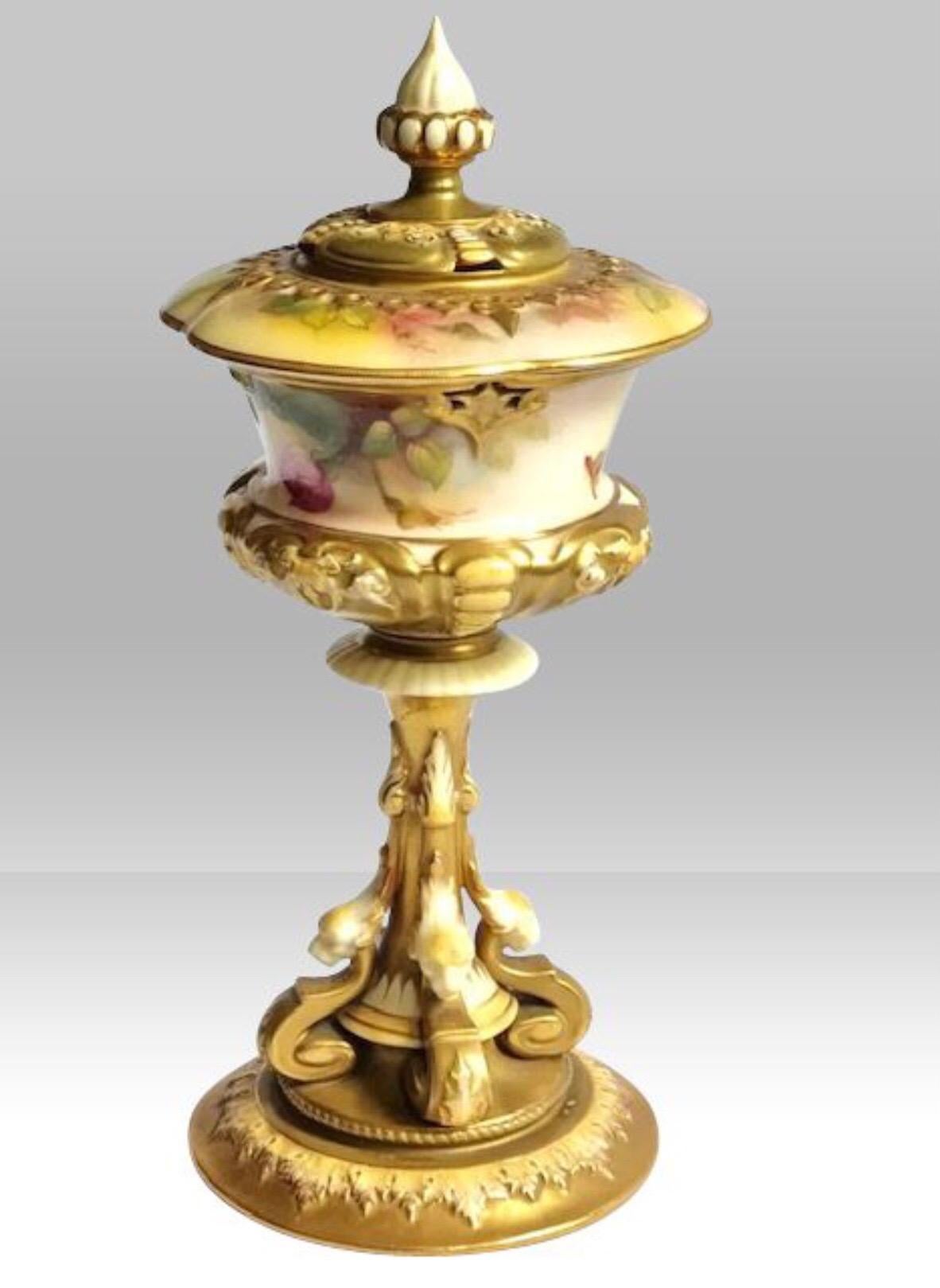 Fabulous antique Royal Worcester pedestal pot pourri vase with cover of lobed baluster form with bead and strap work moulded lower section, the waisted pedestal supported by four scrolls surmounted by lion masks on a domed base, painted with pink