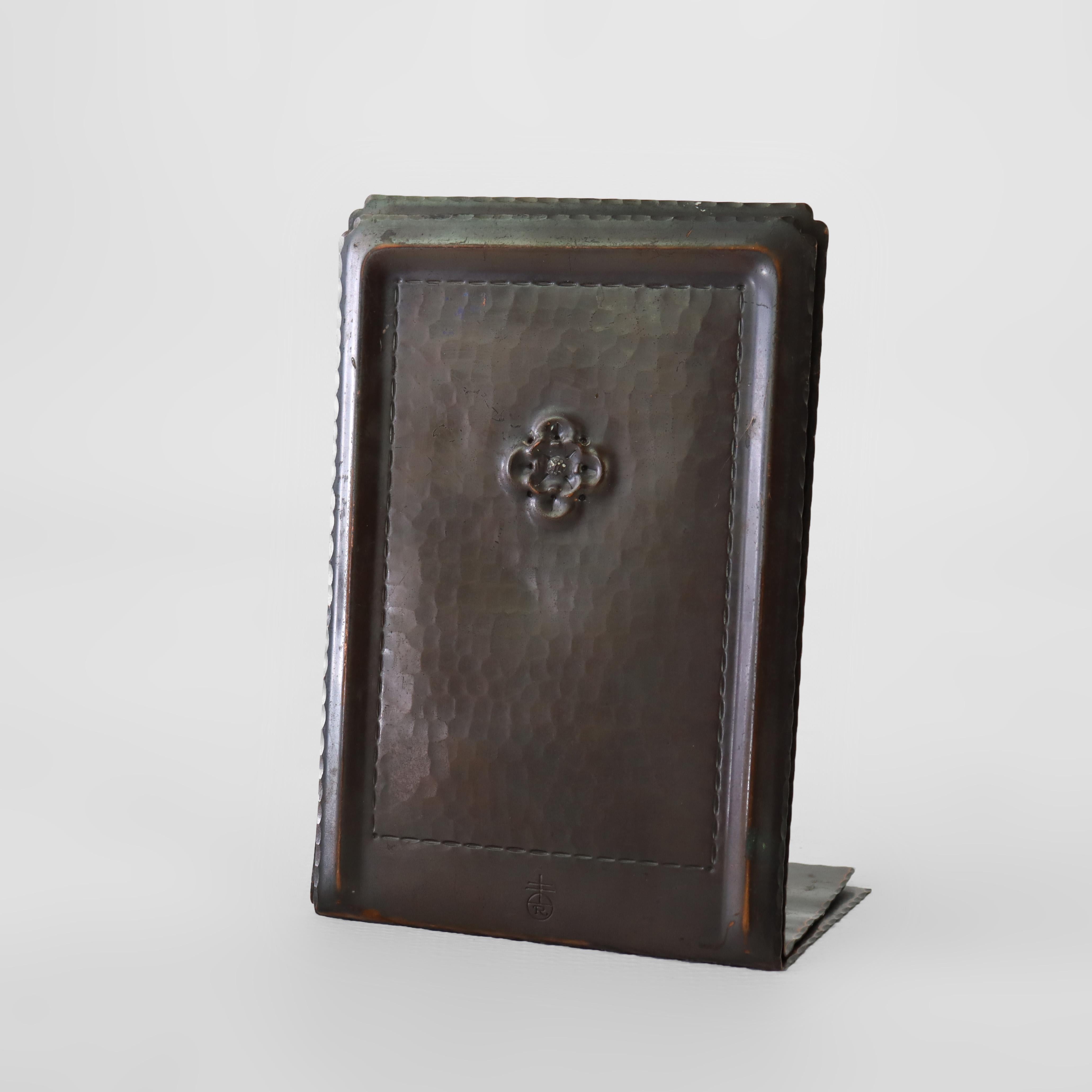 Antique Roycroft Mission Arts & Crafts Hammered Copper Bookends With Floral Pattern Signed C1920

Measures - 8 1/2