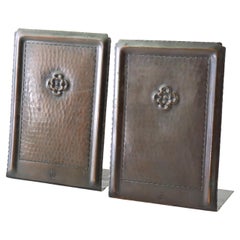 Antique Roycroft Mission Arts & Crafts Hammered Copper Stylized Flower Bookends