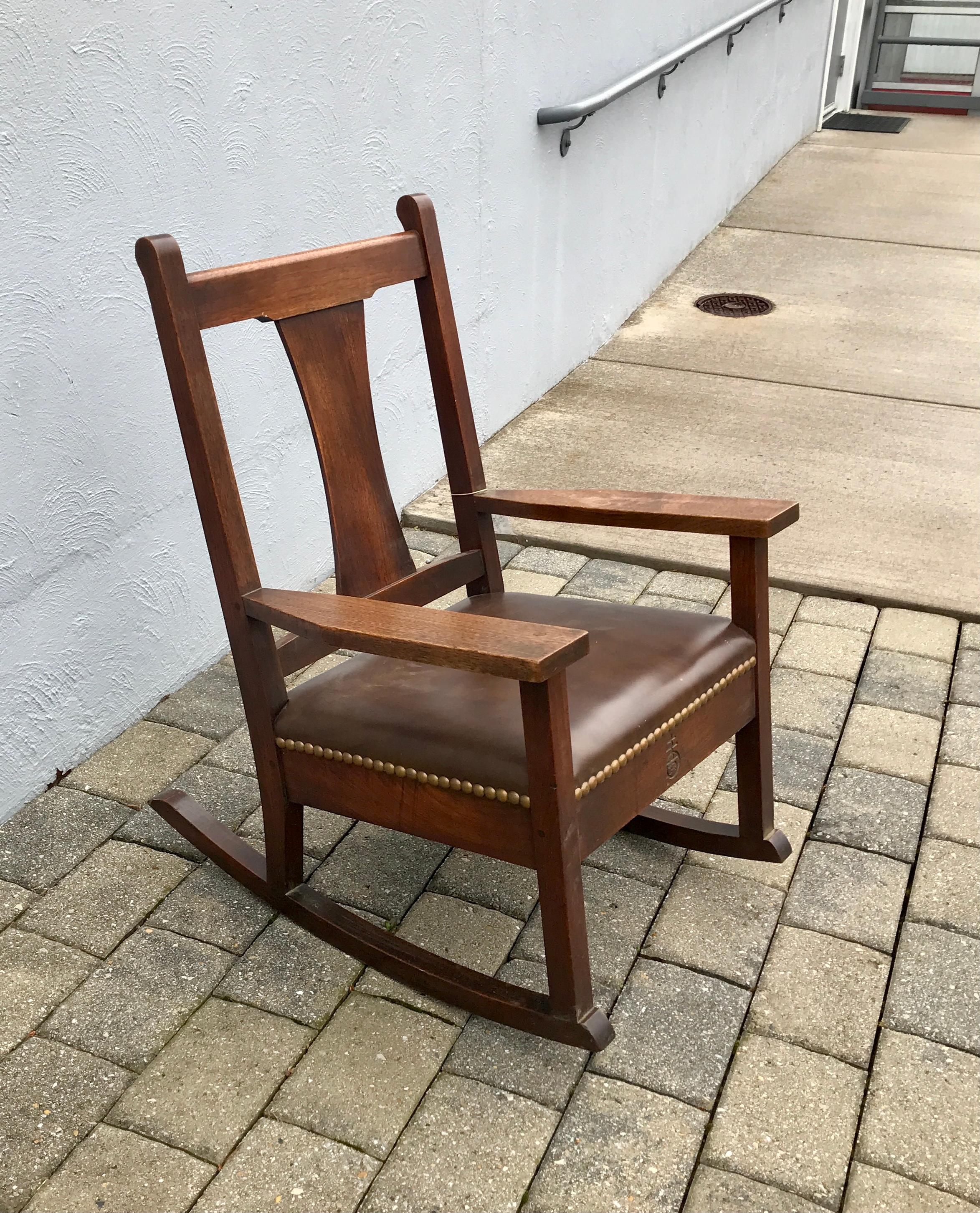 Leather ANTIQUE nice  ROYCROFT  T-Back Rocking Chair -  marked , Stickley era    W1983