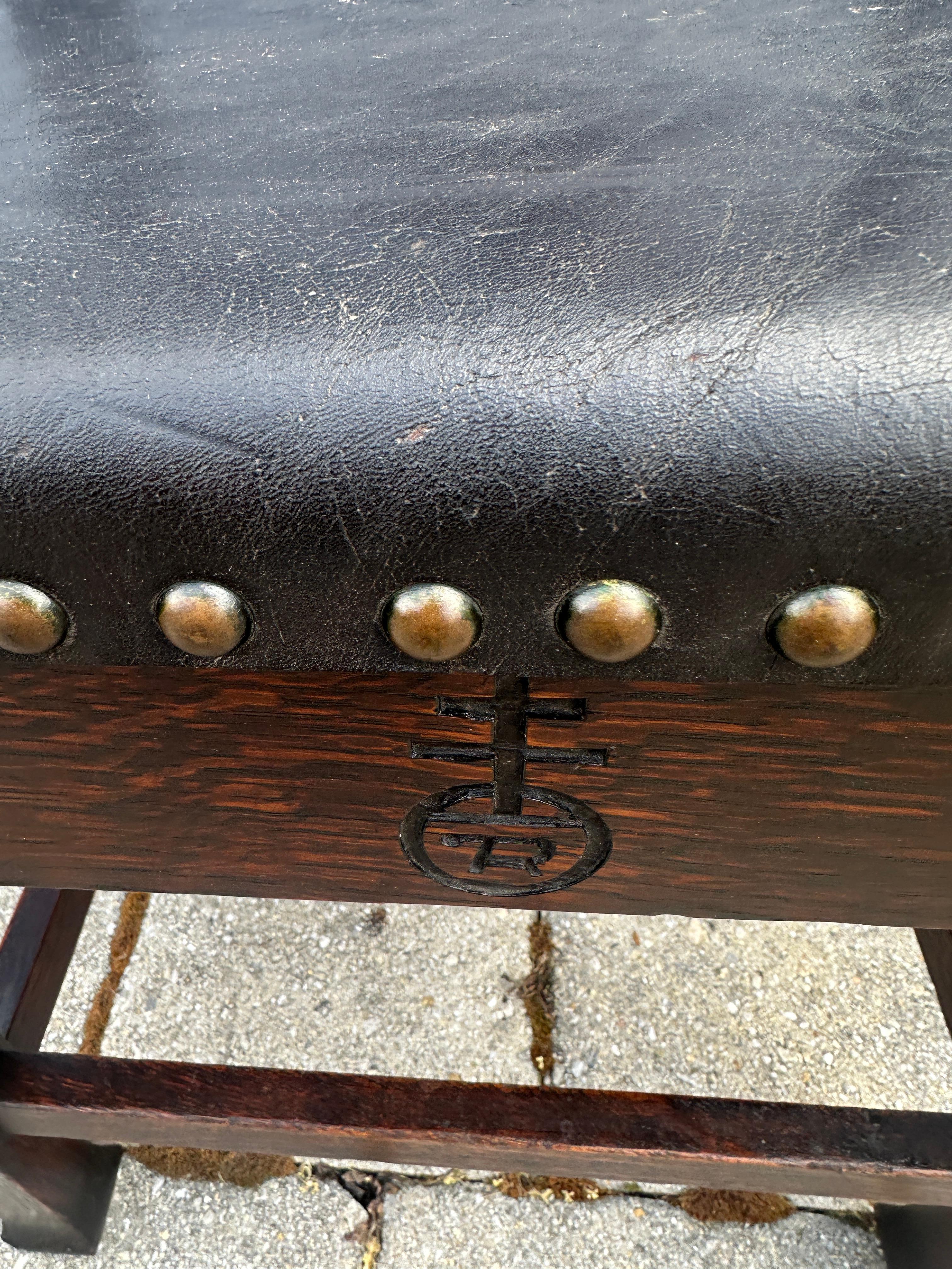 Antique Roycroft Chair w/ Original Leather and Tacks, Stickley Era- W7739   SALE For Sale 6