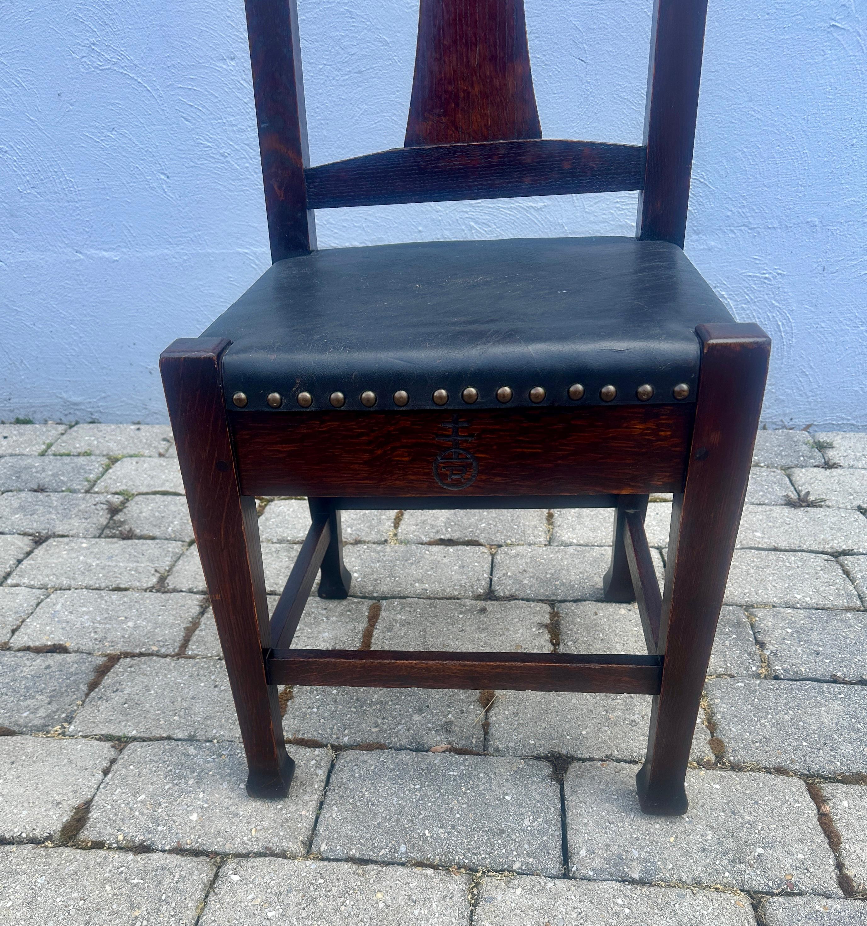 Antique Roycroft Chair w/ Original Leather and Tacks, Stickley Era- W7739   SALE For Sale 10