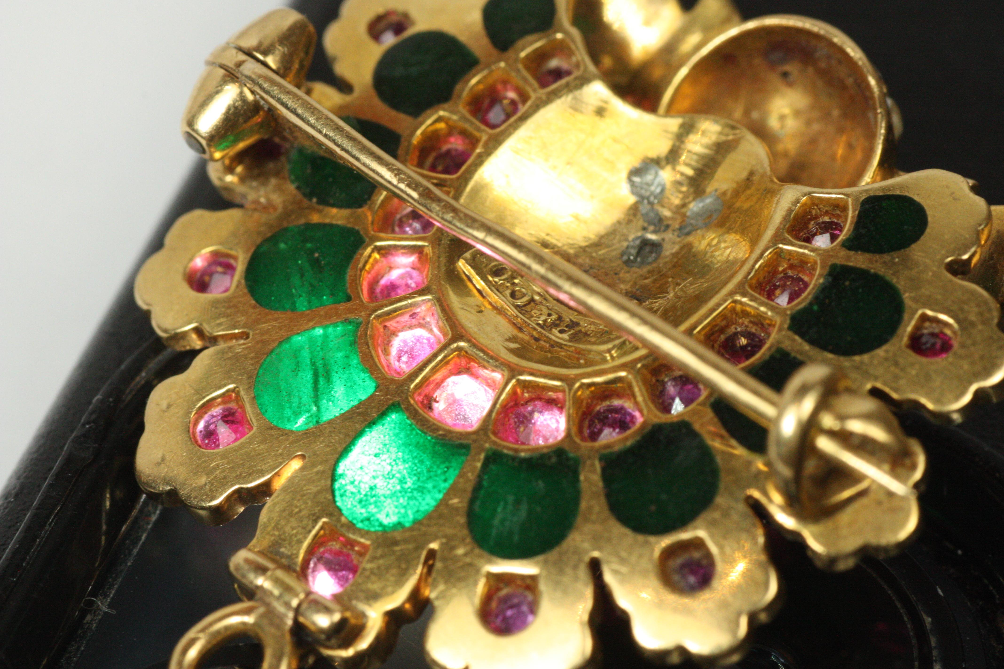 Art Nouveau Antique R.R. & Co. Peacock Brooch c.1900 – 18K Gold, Ruby, Pearl, Enamel For Sale