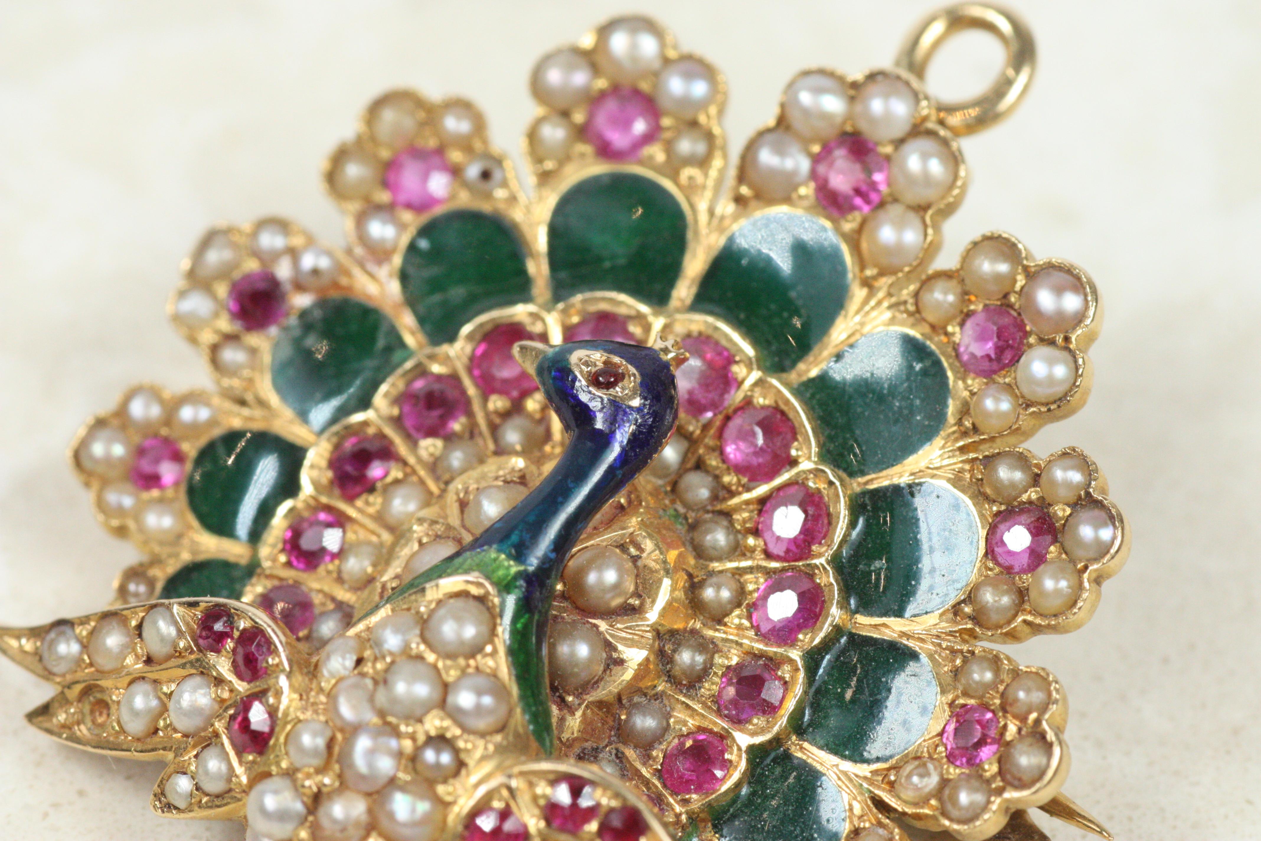 Round Cut Antique R.R. & Co. Peacock Brooch c.1900 – 18K Gold, Ruby, Pearl, Enamel For Sale