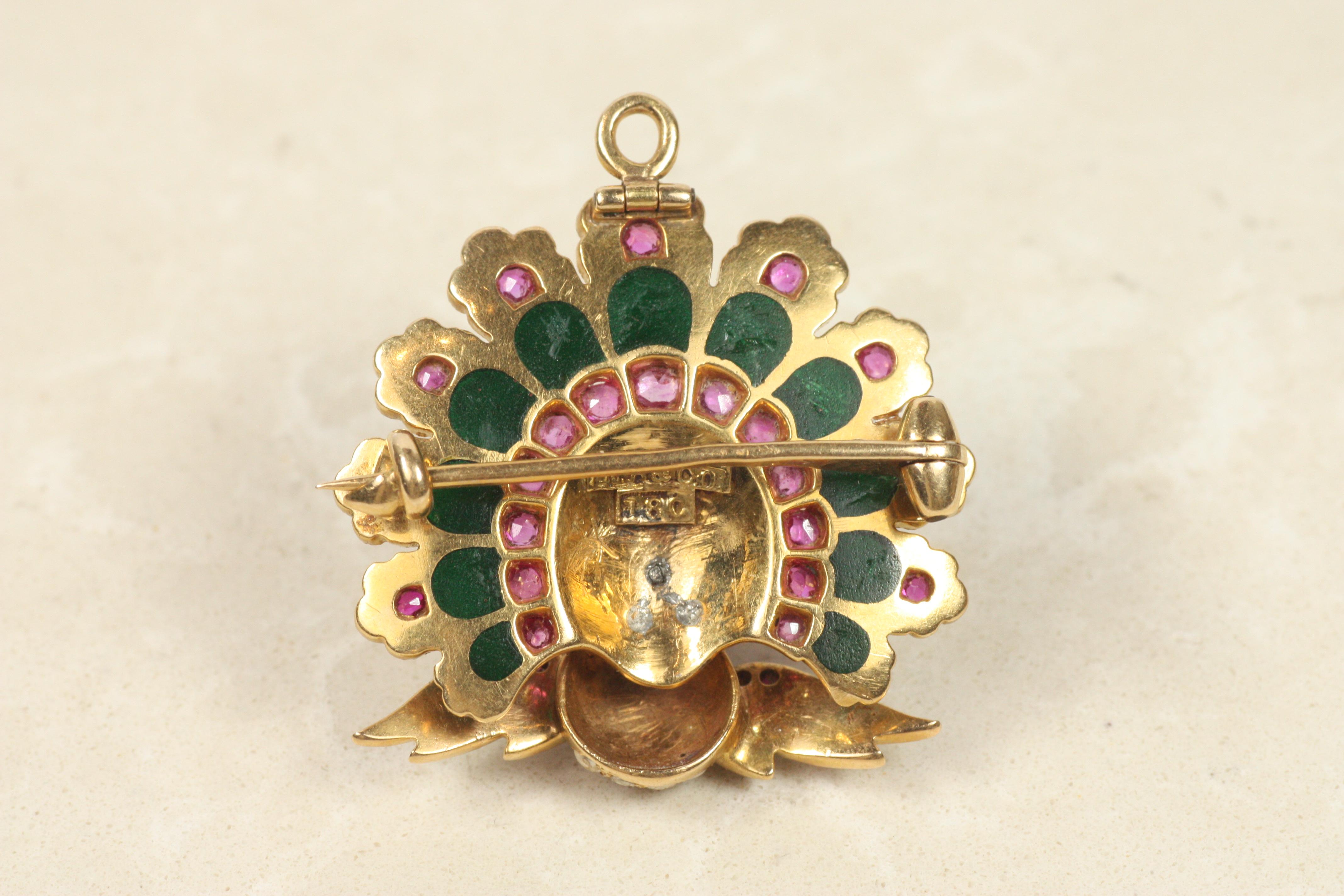 Women's or Men's Antique R.R. & Co. Peacock Brooch c.1900 – 18K Gold, Ruby, Pearl, Enamel For Sale