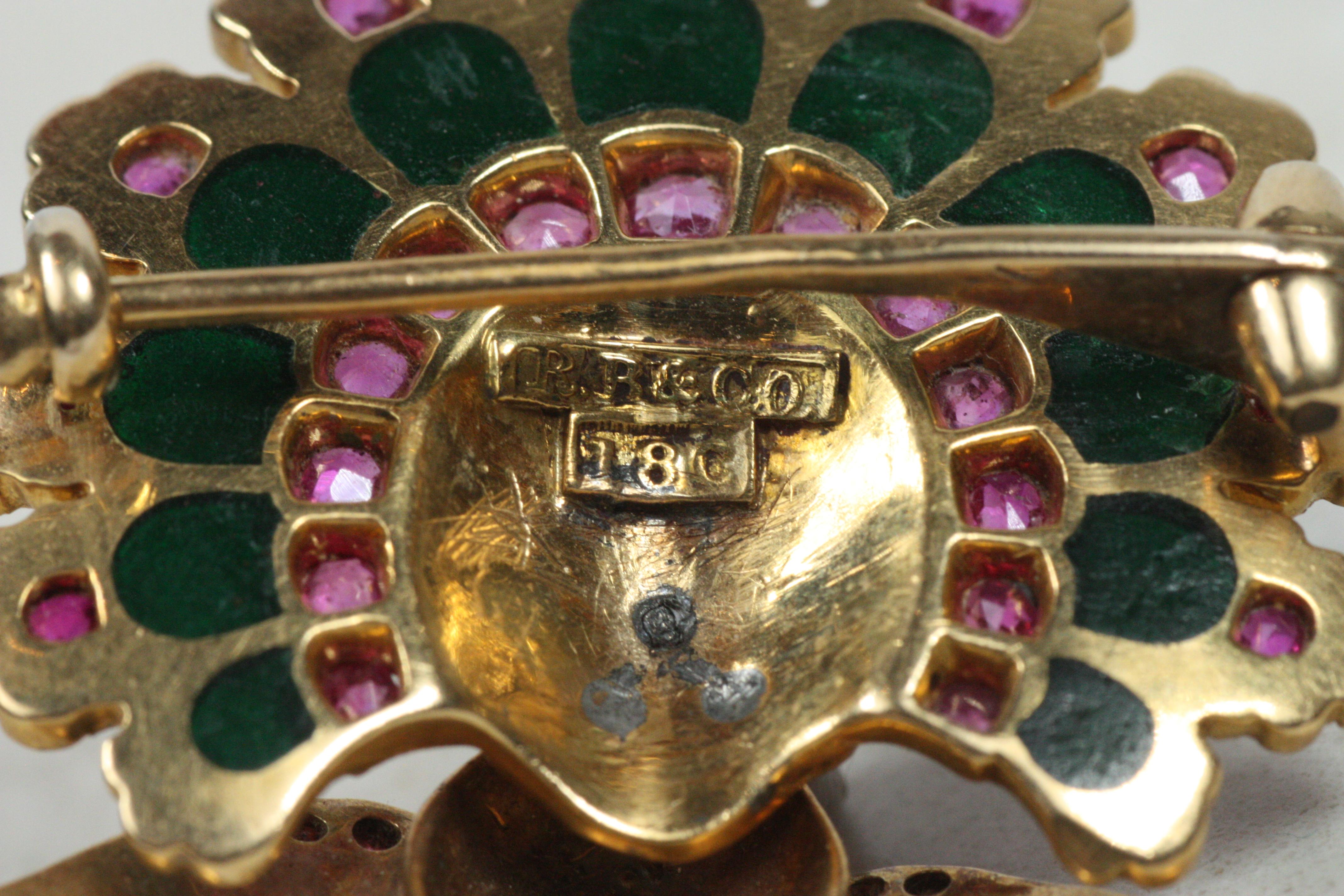 Antique R.R. & Co. Peacock Brooch c.1900 – 18K Gold, Ruby, Pearl, Enamel For Sale 1