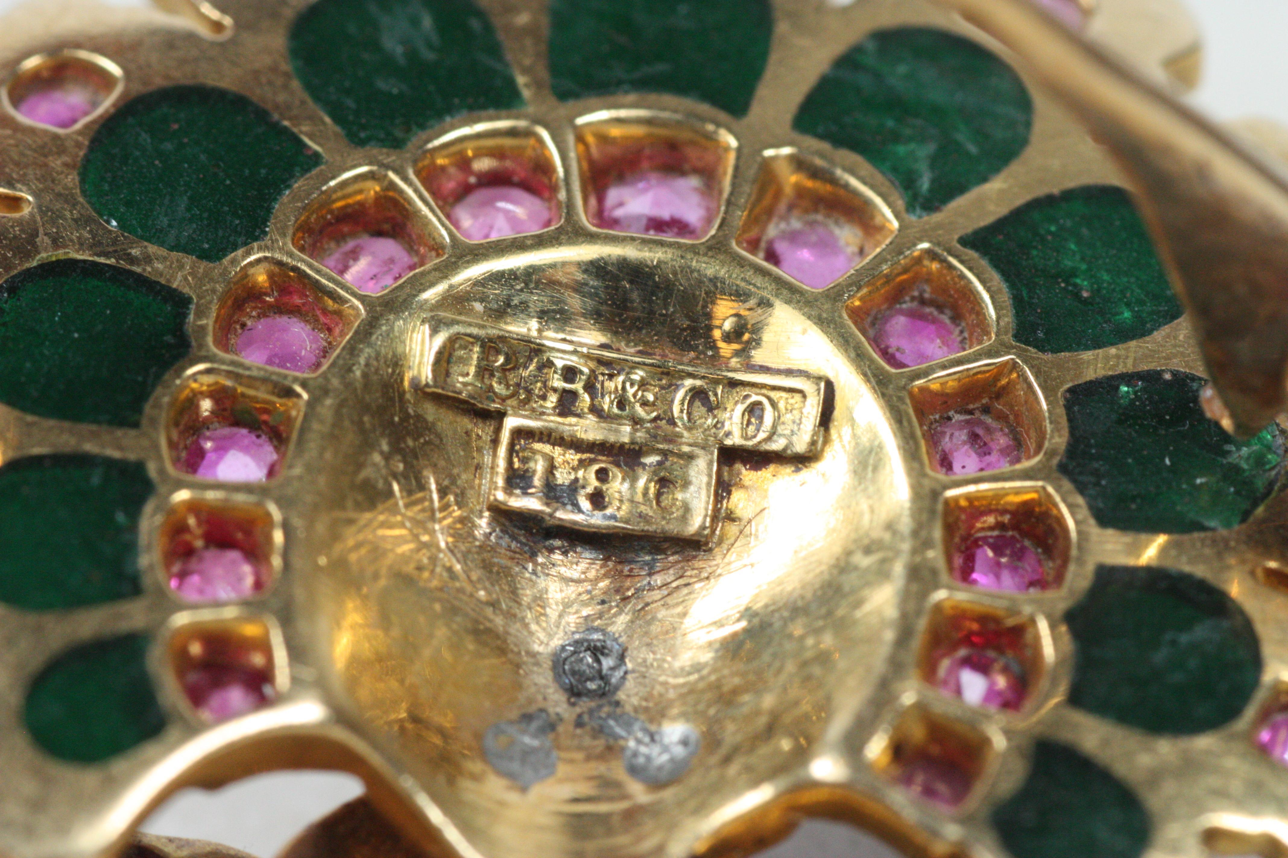 Antique R.R. & Co. Peacock Brooch c.1900 – 18K Gold, Ruby, Pearl, Enamel For Sale 2