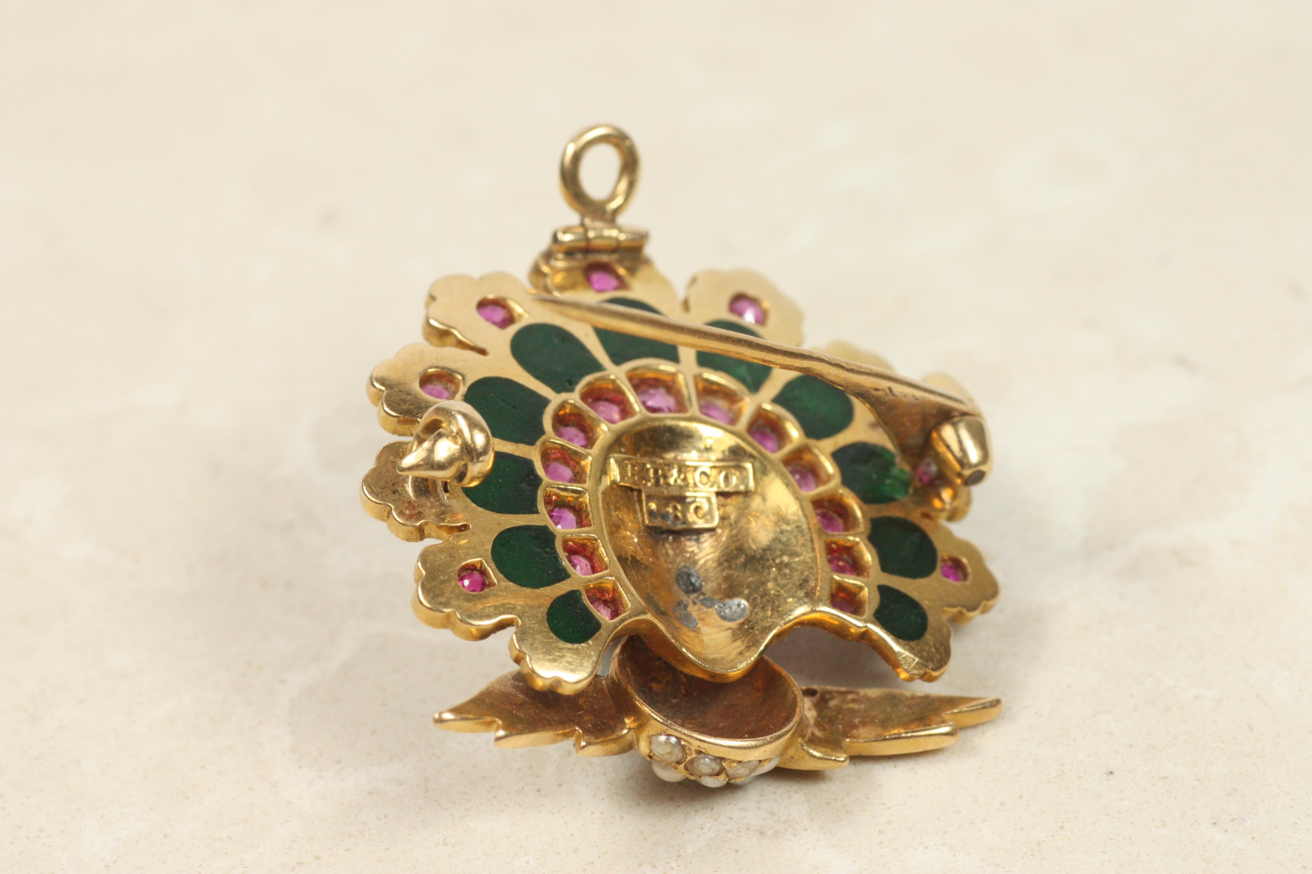Antique R.R. & Co. Peacock Brooch c.1900 – 18K Gold, Ruby, Pearl, Enamel For Sale 3