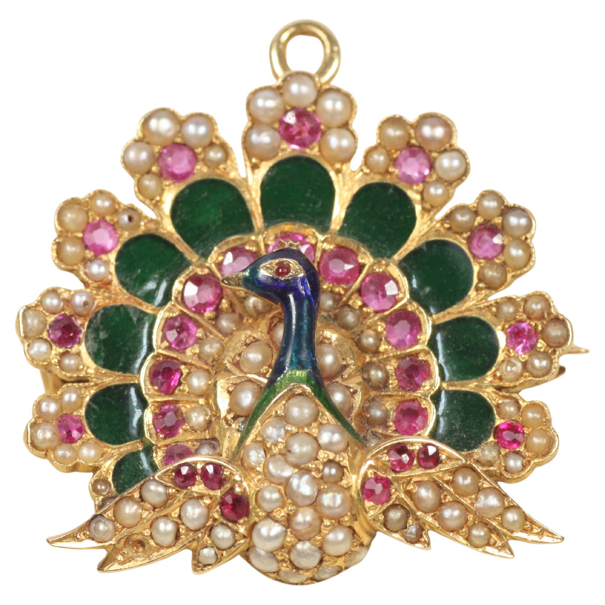Antico R.R. & Co. Spilla a forma di pavone del 1900 circa - Oro 18 carati, rubino, perle, smalto