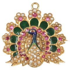 Antiguo R.R. & Co. Broche Pavo Real c.1900 - Oro 18K, Rubí, Perla, Esmalte