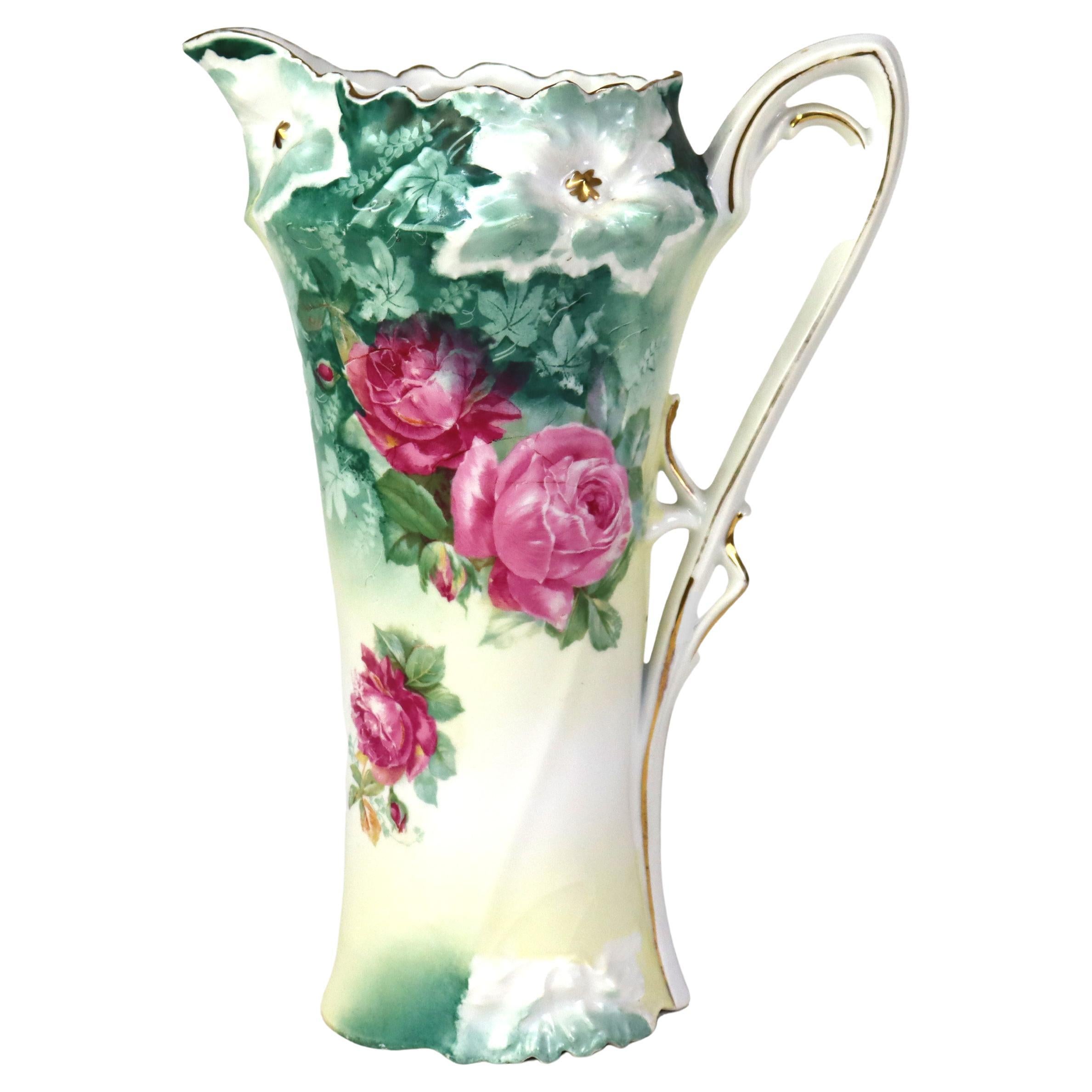 Antique RS Prussia Porcelain Chocolate Pot with Peonies Signed C1920