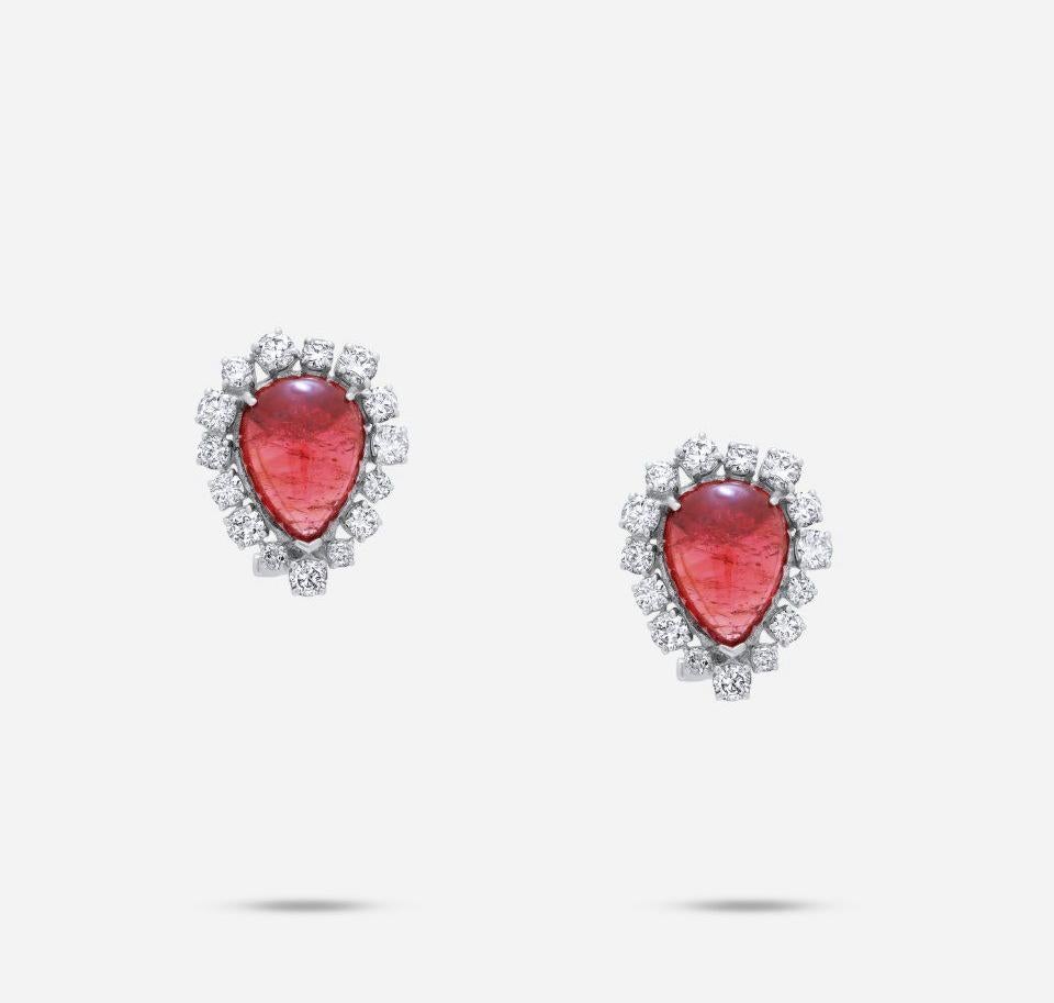 Romantic Rubellite Pink Tourmaline Pear Cabochon Diamond Vintage Earrings 18K White Gold For Sale