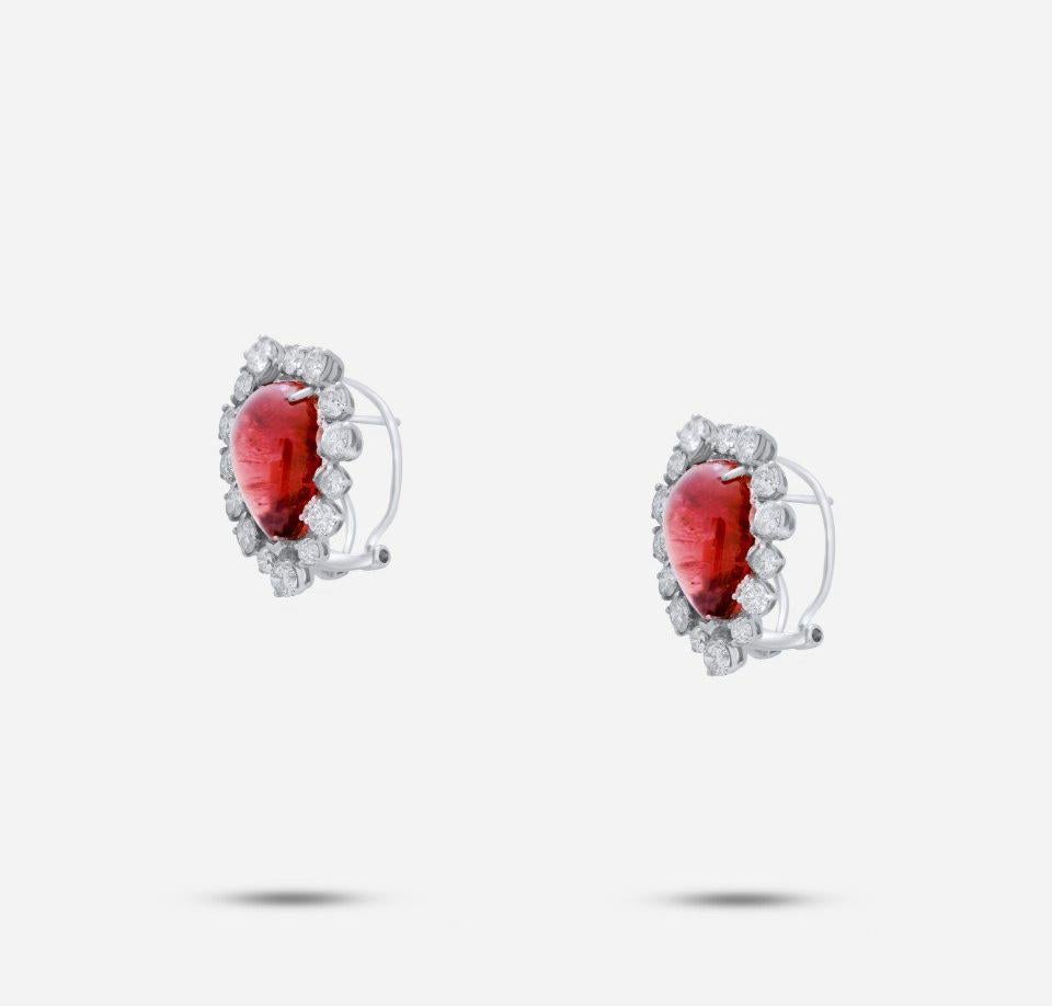 Rubellite Pink Tourmaline Pear Cabochon Diamond Vintage Earrings 18K White Gold In New Condition For Sale In Oakton, VA