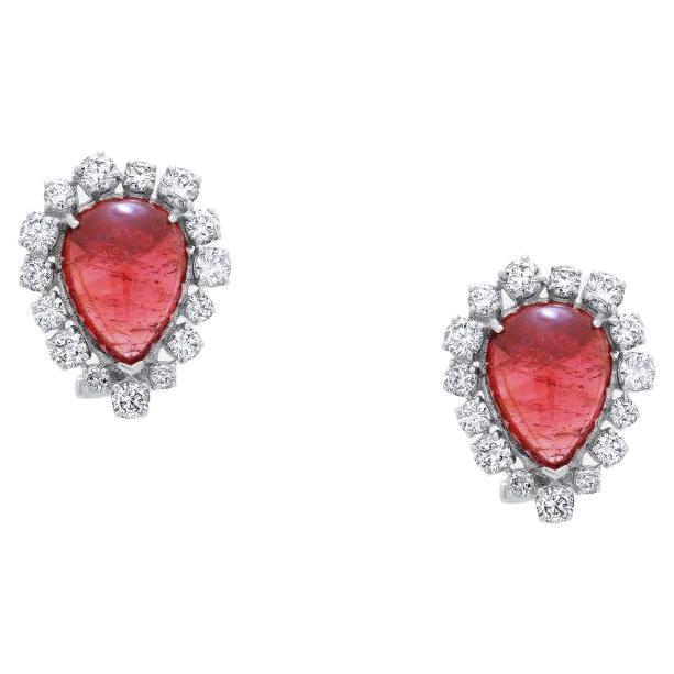 Rubellite Pink Tourmaline Pear Cabochon Diamond Vintage Earrings 18K White Gold For Sale