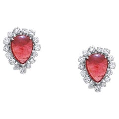 Rubellite Pink Tourmaline Pear Cabochon Diamond Vintage Earrings 18K White Gold