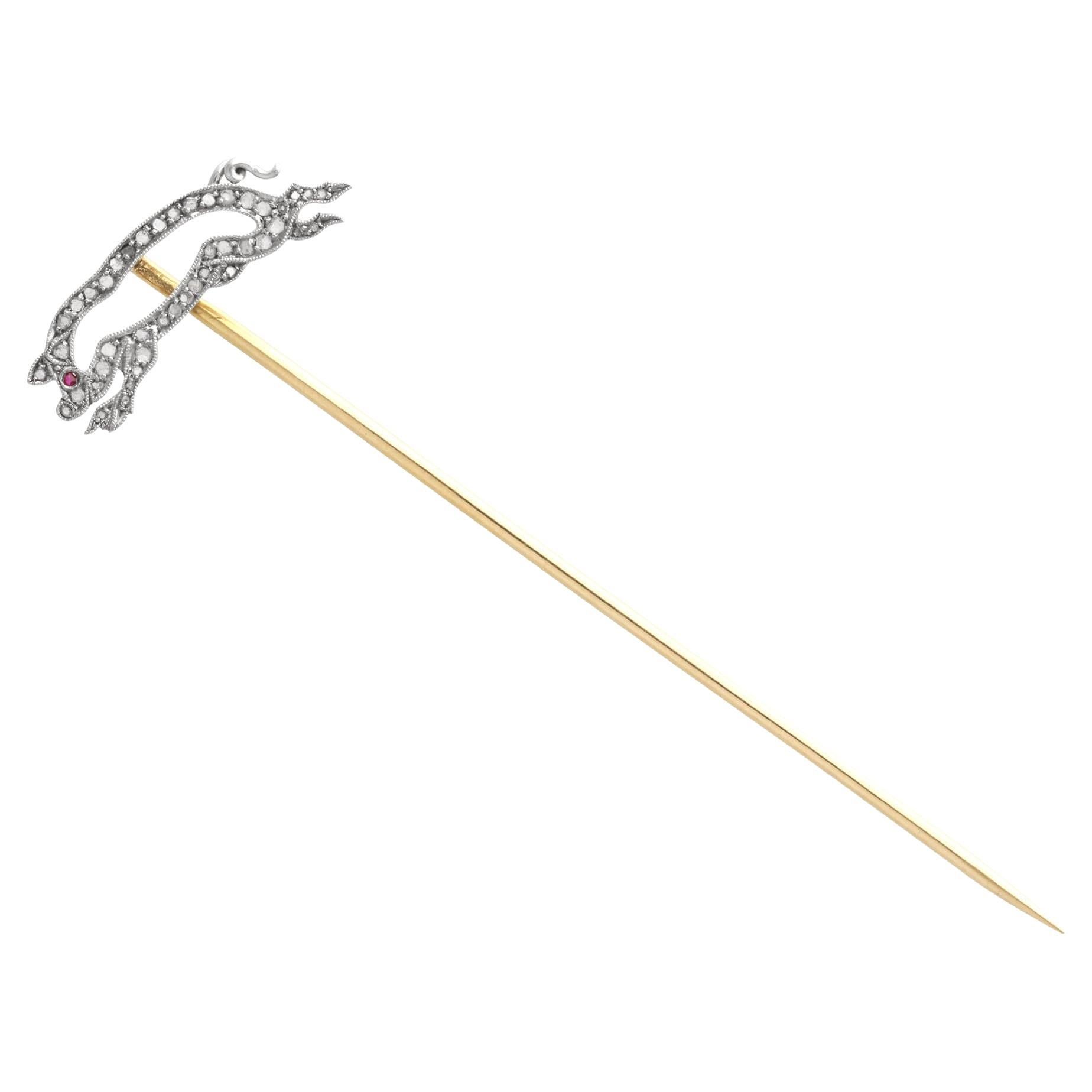 Antique Ruby and 0.23 Carat Diamond, 18k Yellow Gold Pig Pin Brooch Circa 1930