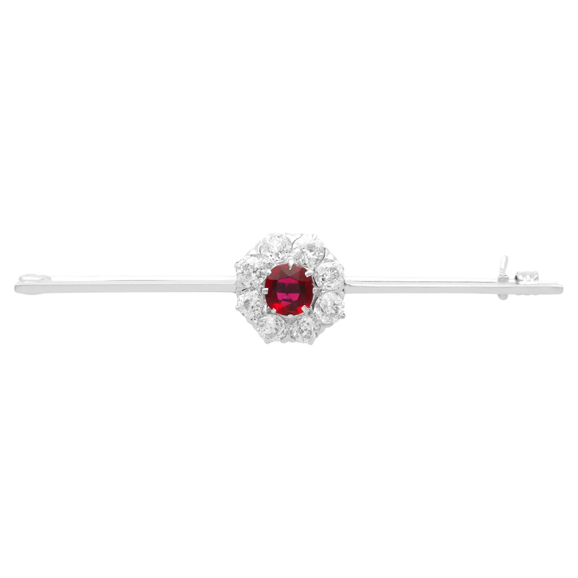 Antique Ruby and 1.32 Carat Diamond White Gold Bar Brooch, circa 1920 For Sale