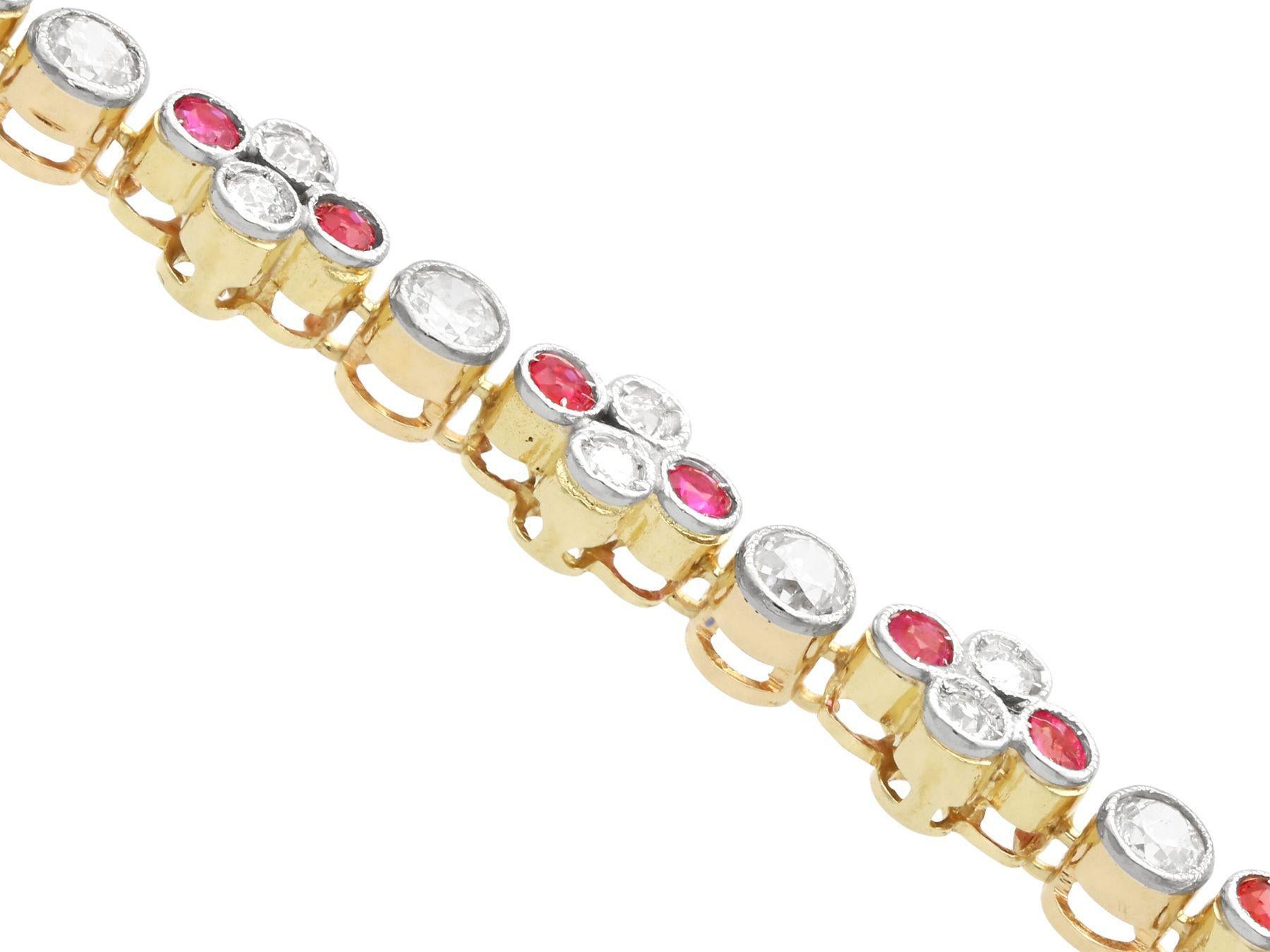Women's or Men's Antique Ruby and 1.37Ct Diamond 15k Yellow Gold Bracelet, Circa 1920 For Sale
