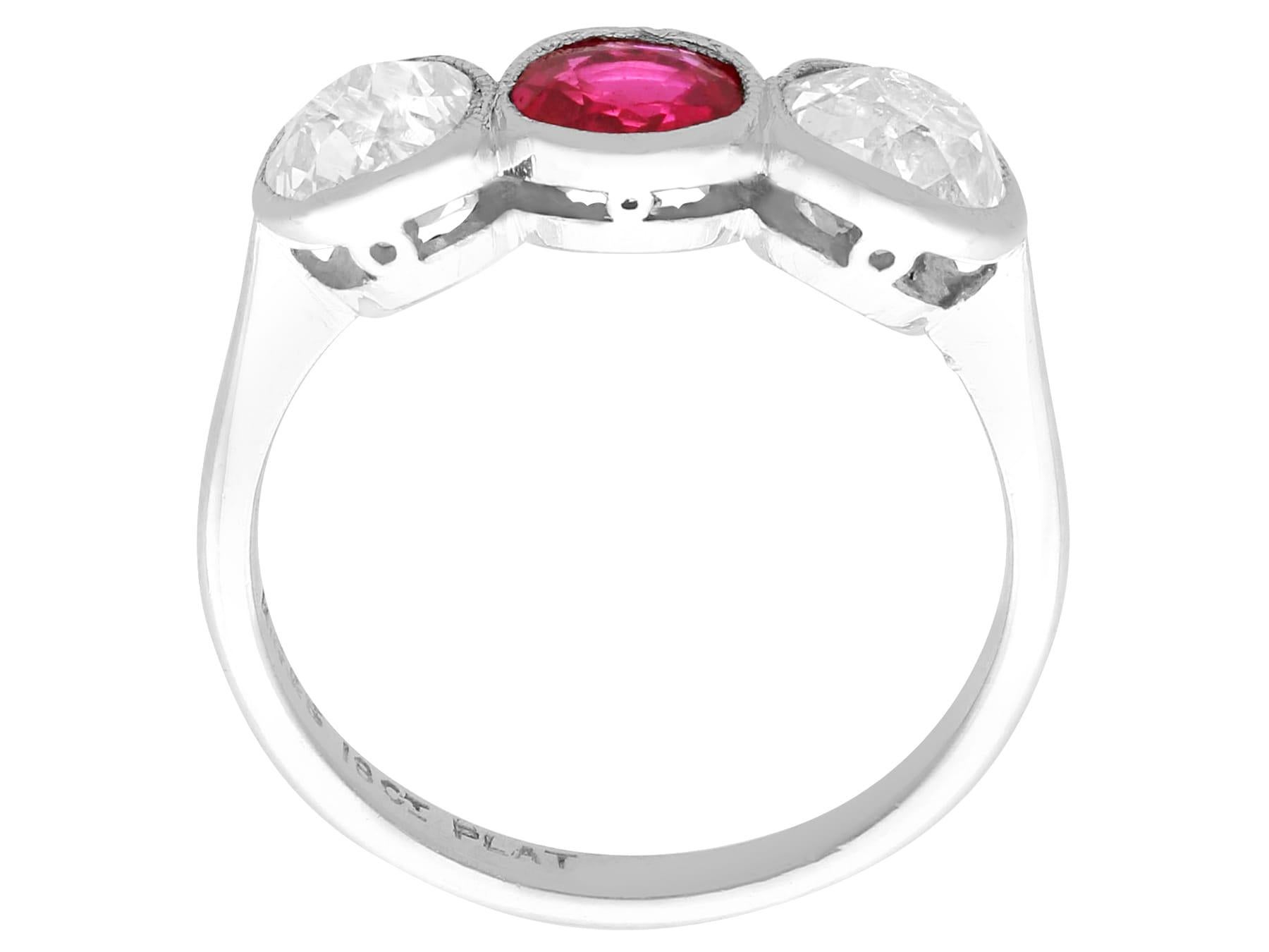 Round Cut Antique Ruby and 1.40 Carat Diamond White Gold Trilogy Engagement Ring For Sale