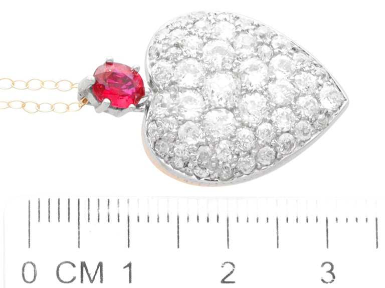 Antique Ruby and 3.16 Carat Diamond 12k Rose Gold Heart Pendant For Sale 1