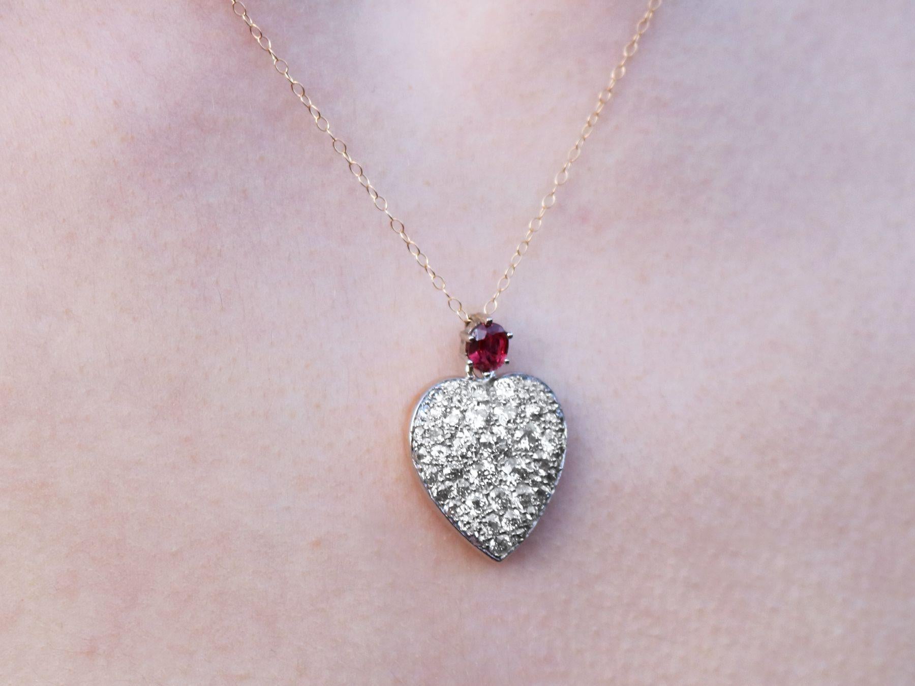 Antique Ruby and 3.16 Carat Diamond 12k Rose Gold Heart Pendant 3