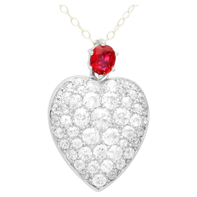 Antique Ruby and 3.16 Carat Diamond 12k Rose Gold Heart Pendant For Sale