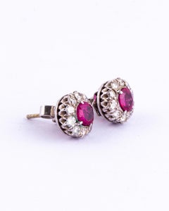Antique Ruby and Diamond 14 Carat White Gold Cluster Stud Earrings