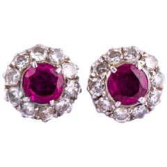 Antique Ruby and Diamond 14 Carat White Gold Cluster Stud Earrings