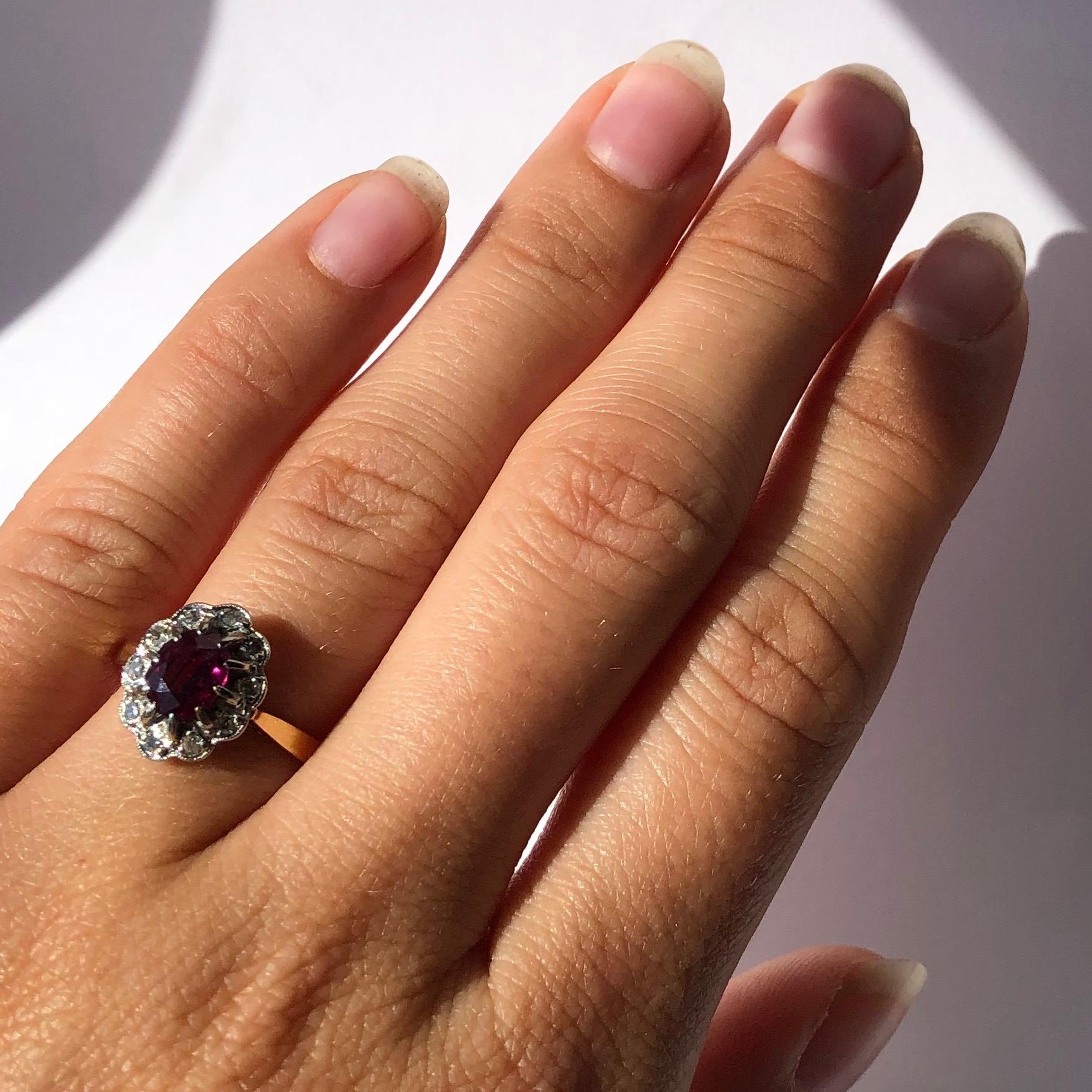 Women's Antique Ruby and Diamond 18 Carat Gold Cluster Ring