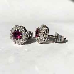 Antique Ruby and Diamond 18 Carat White Gold Cluster Stud Earrings