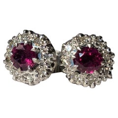 Antique Ruby and Diamond 18 Carat White Gold Cluster Stud Earrings