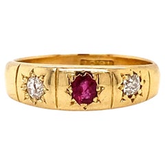 Antique Ruby and Diamond 18 Carat Yellow Gold Star Set Pinky Ring