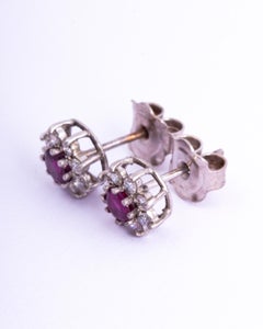 Antique Ruby and Diamond 9 Carat White Gold Cluster Stud Earrings