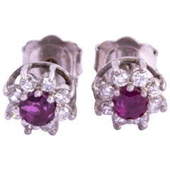 Antique Ruby and Diamond 9 Carat White Gold Cluster Stud Earrings
