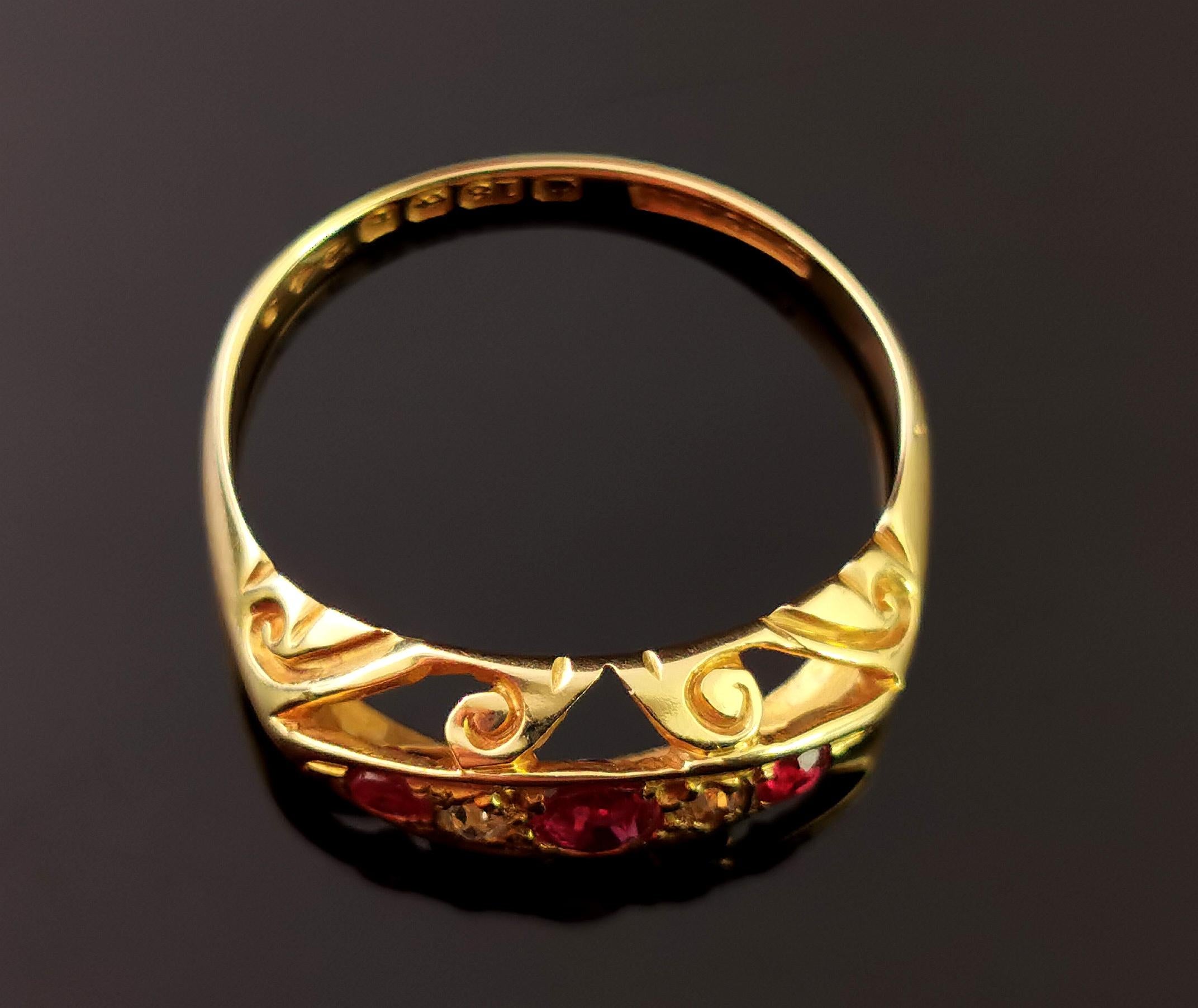Antique Ruby and Diamond Boat Head Ring, 18k Yellow Gold, Art Deco 5