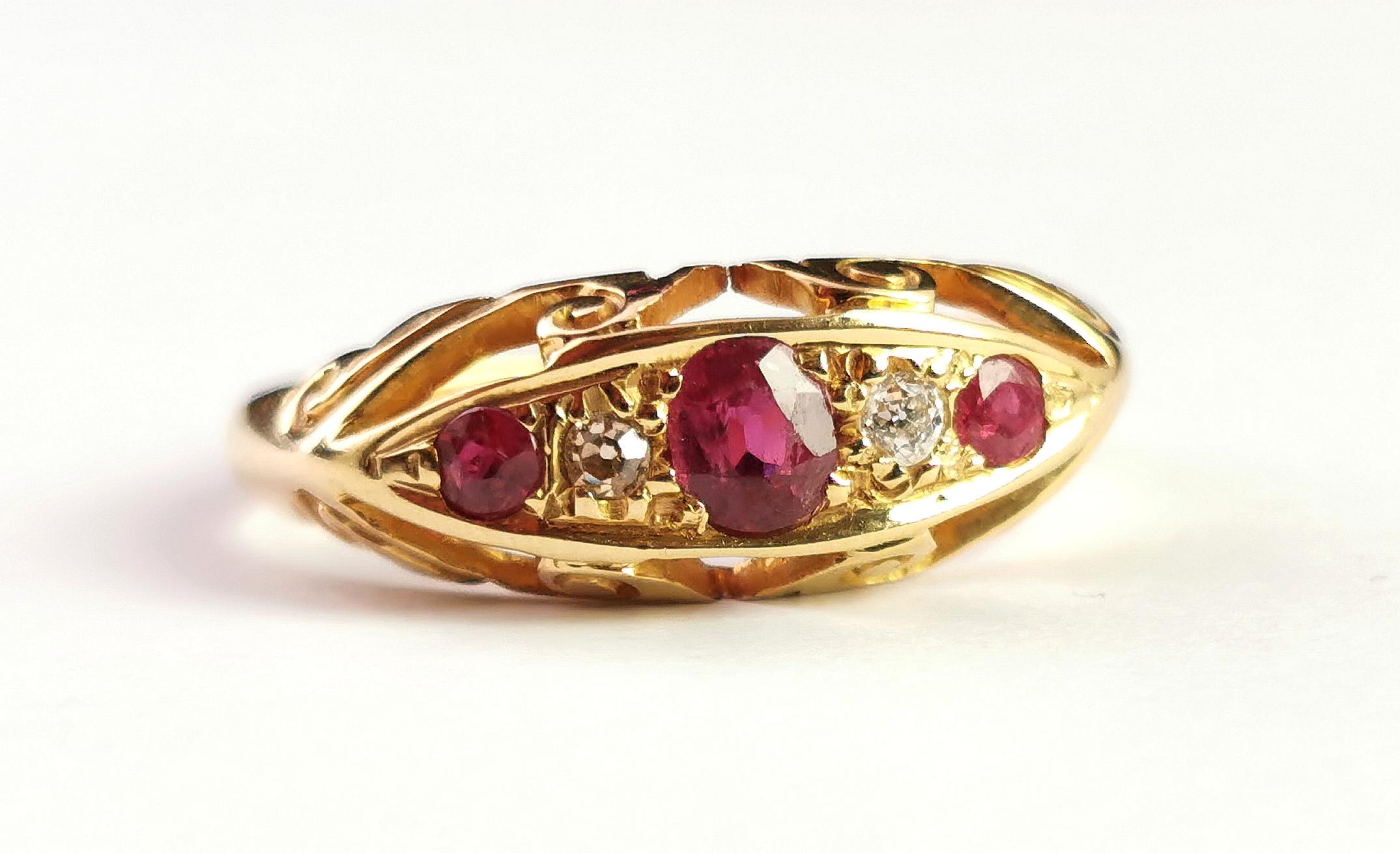 Antique Ruby and Diamond Boat Head Ring, 18k Yellow Gold, Art Deco 6