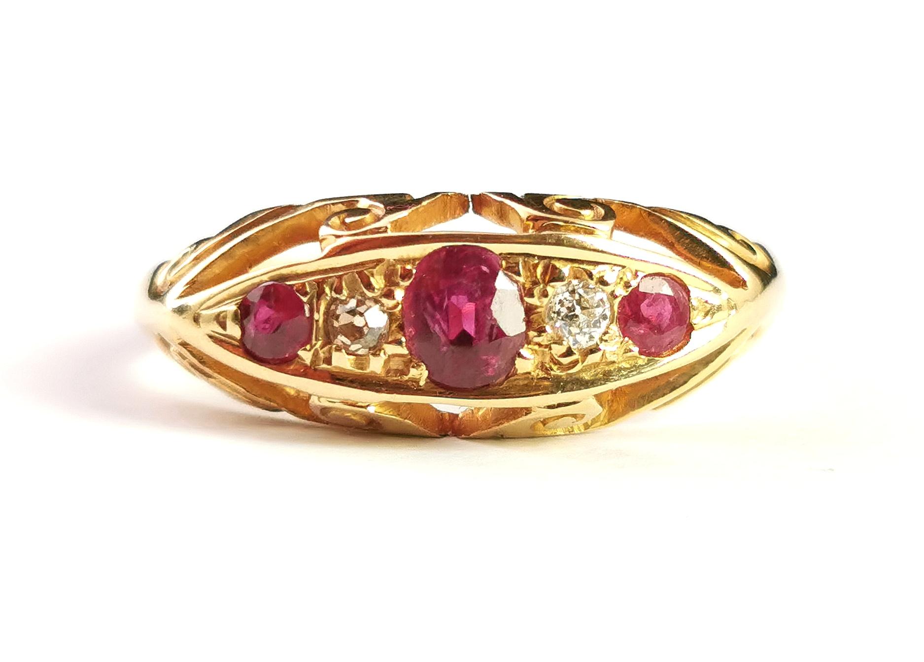 Antique Ruby and Diamond Boat Head Ring, 18k Yellow Gold, Art Deco 7
