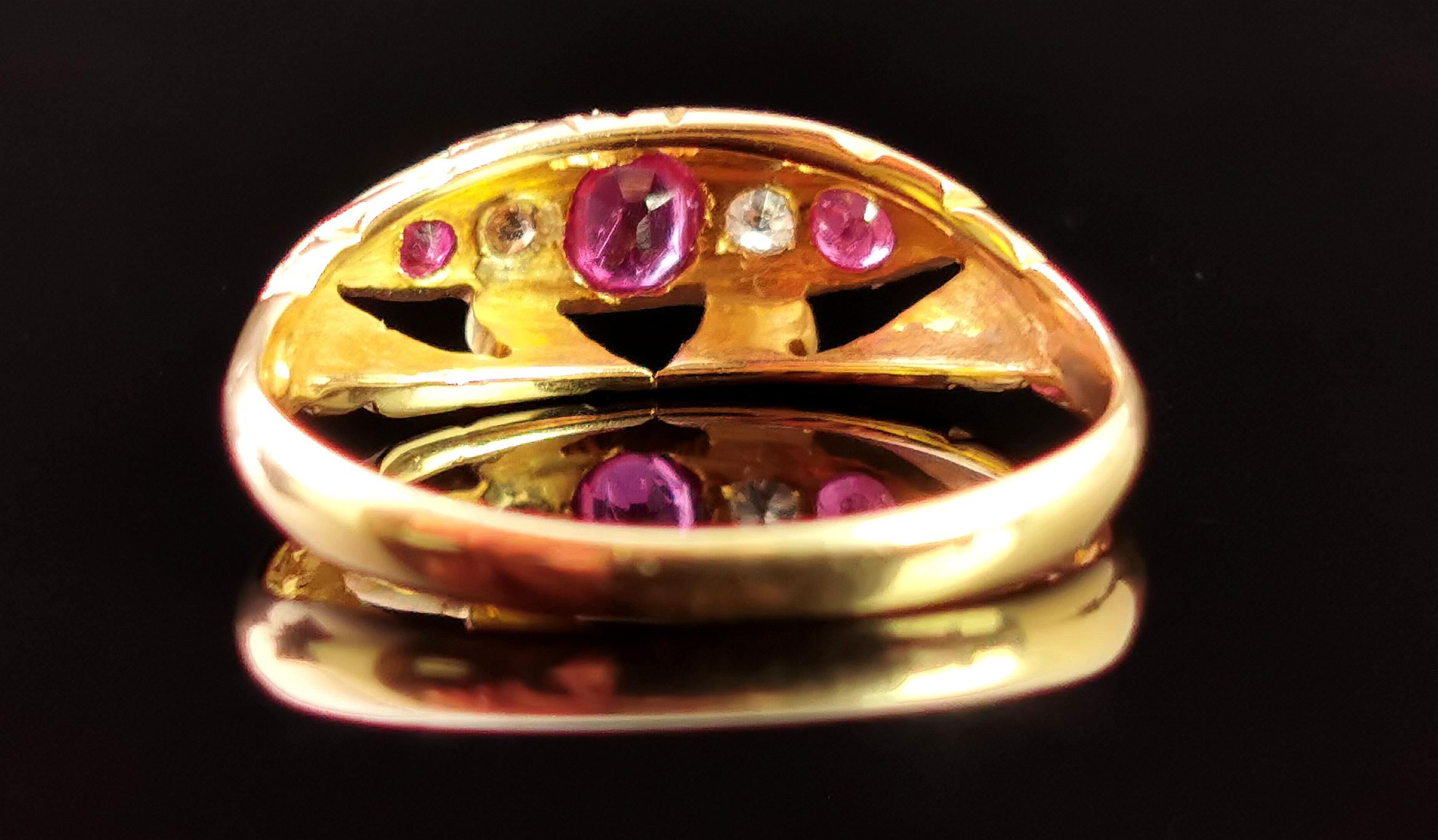 Oval Cut Antique Ruby and Diamond Boat Head Ring, 18k Yellow Gold, Art Deco