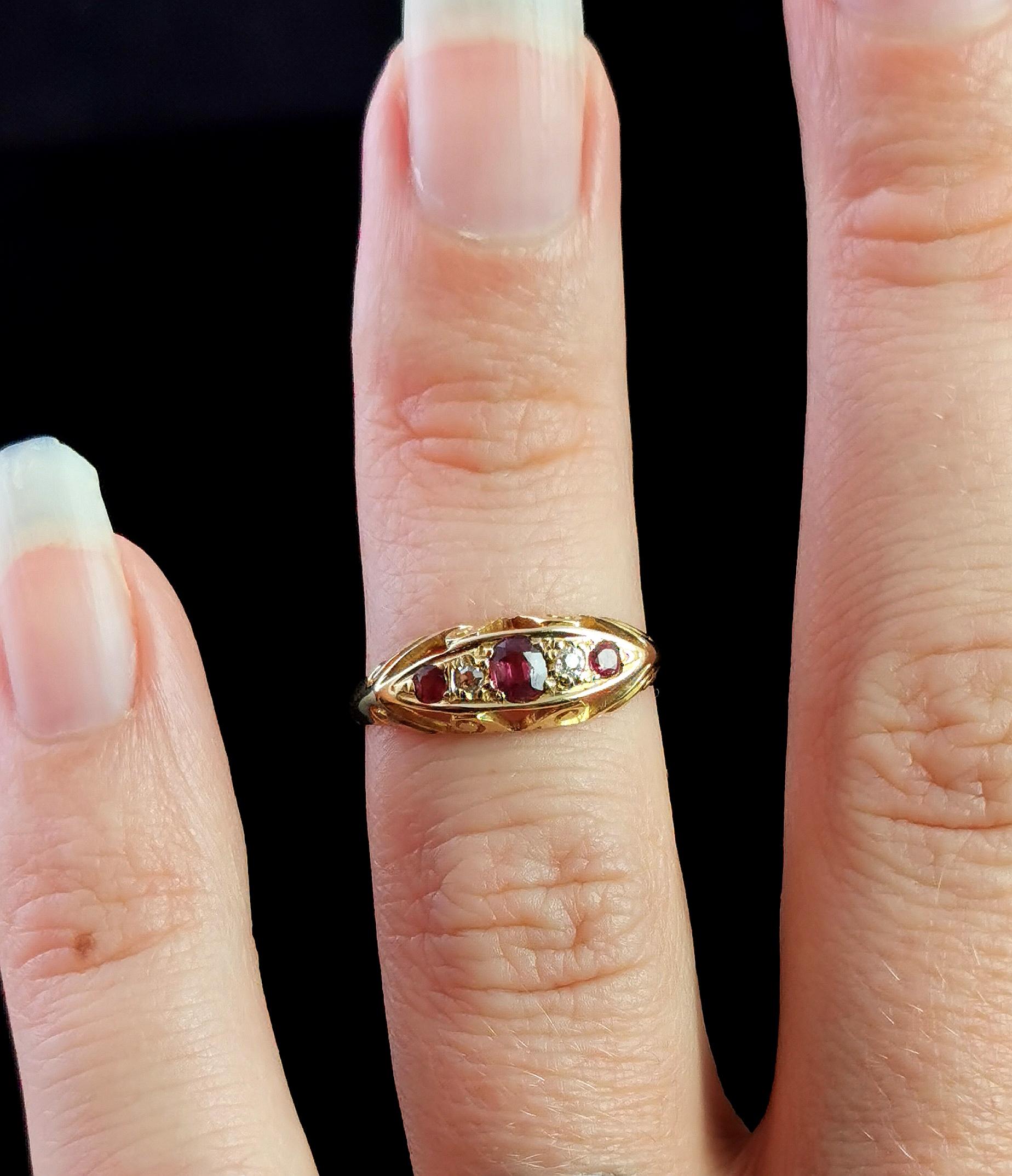 Women's Antique Ruby and Diamond Boat Head Ring, 18k Yellow Gold, Art Deco