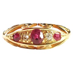 Antique Ruby and Diamond Boat Head Ring, 18k Yellow Gold, Art Deco