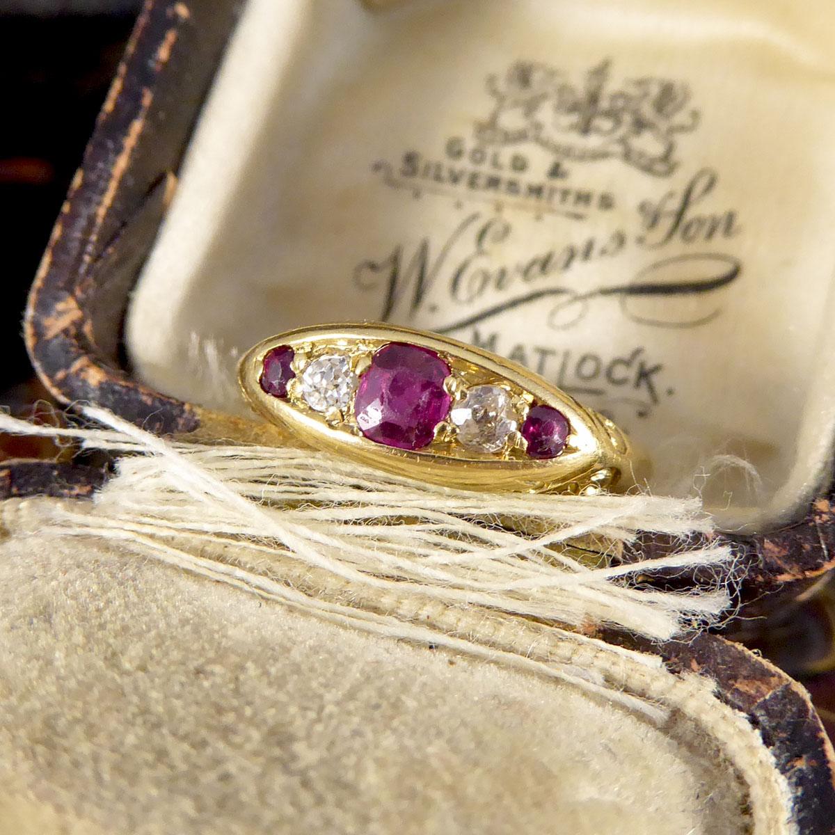 Women's or Men's Antique Ruby and Diamond Boat Ring in 18ct Yellow Gold