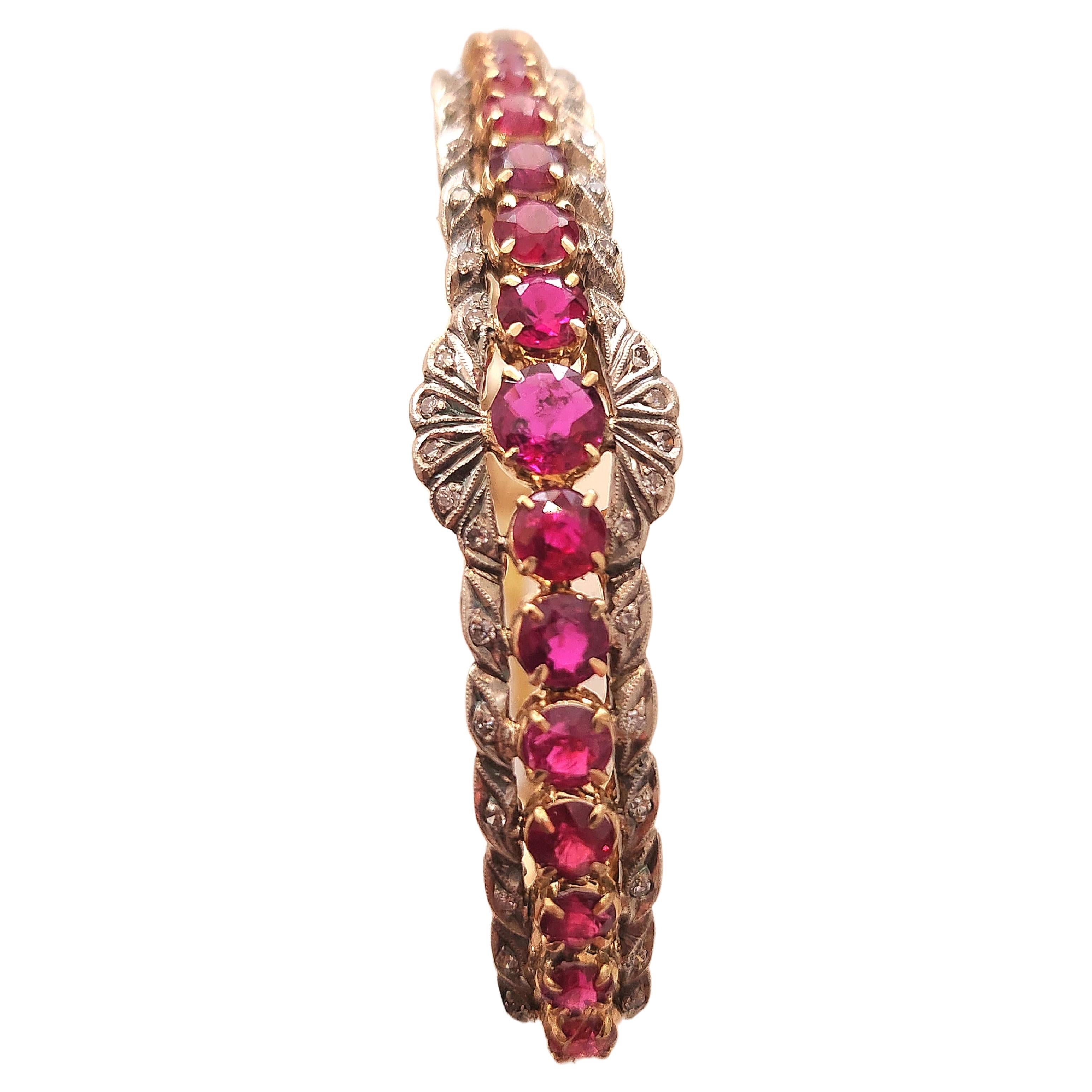 Women's Antique Ruby And Diamond Gold Bangle Bracelet For Sale